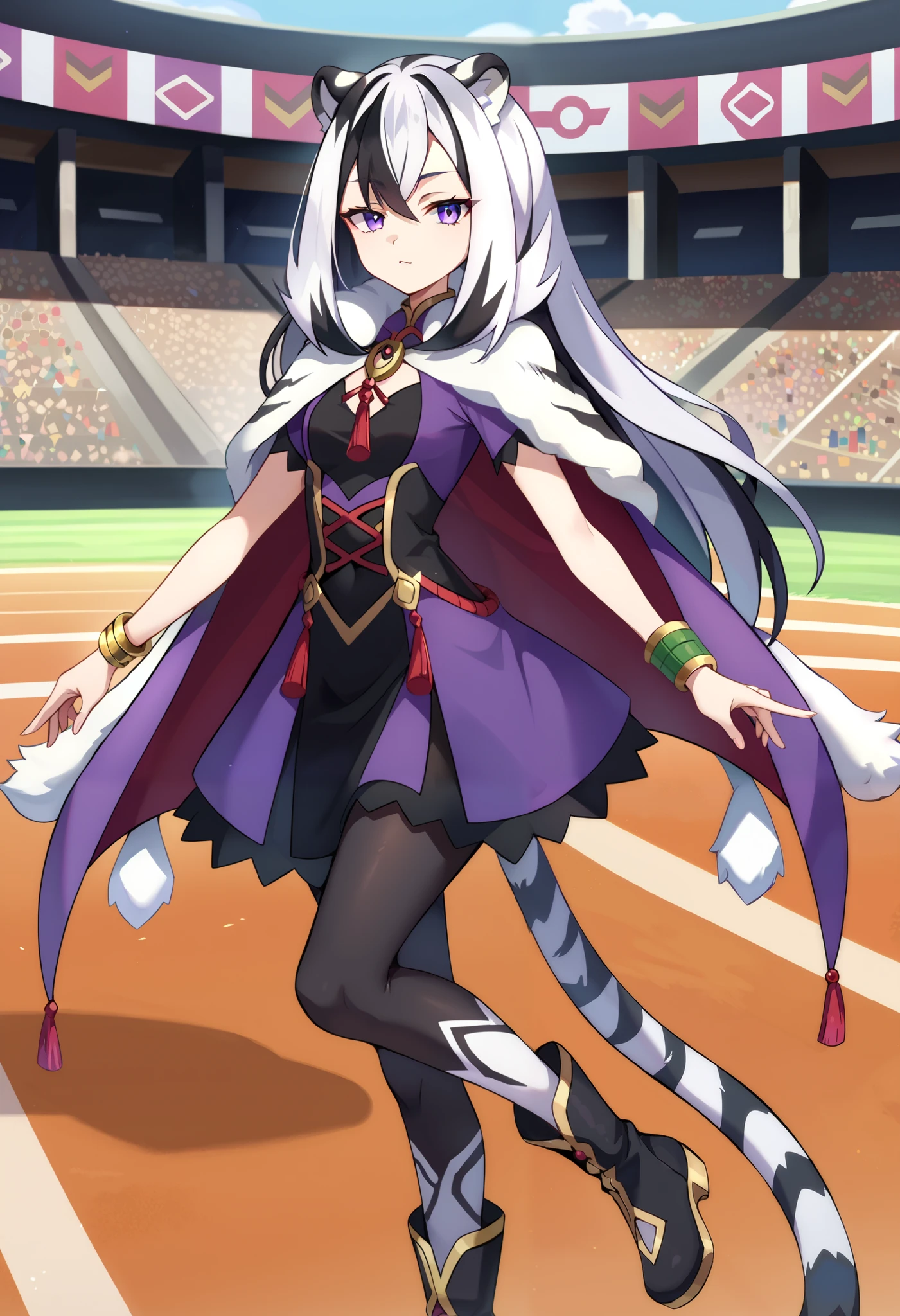 1girl, solo, long hair, white hair, black hair, multicolored hair, white tiger ears, white tiger tail, purple eyes, half-lidded eyes, diodema, purple outfit, black outfit, multicolored outfit, festival outfit, beautiful, ((patterns on outfit)), silver patterns, mini cape, ((fur on cape)), pokemon stadium scenery, rich outfit, crystal amulet, crystal bracelets, high black boots, pantyhose.