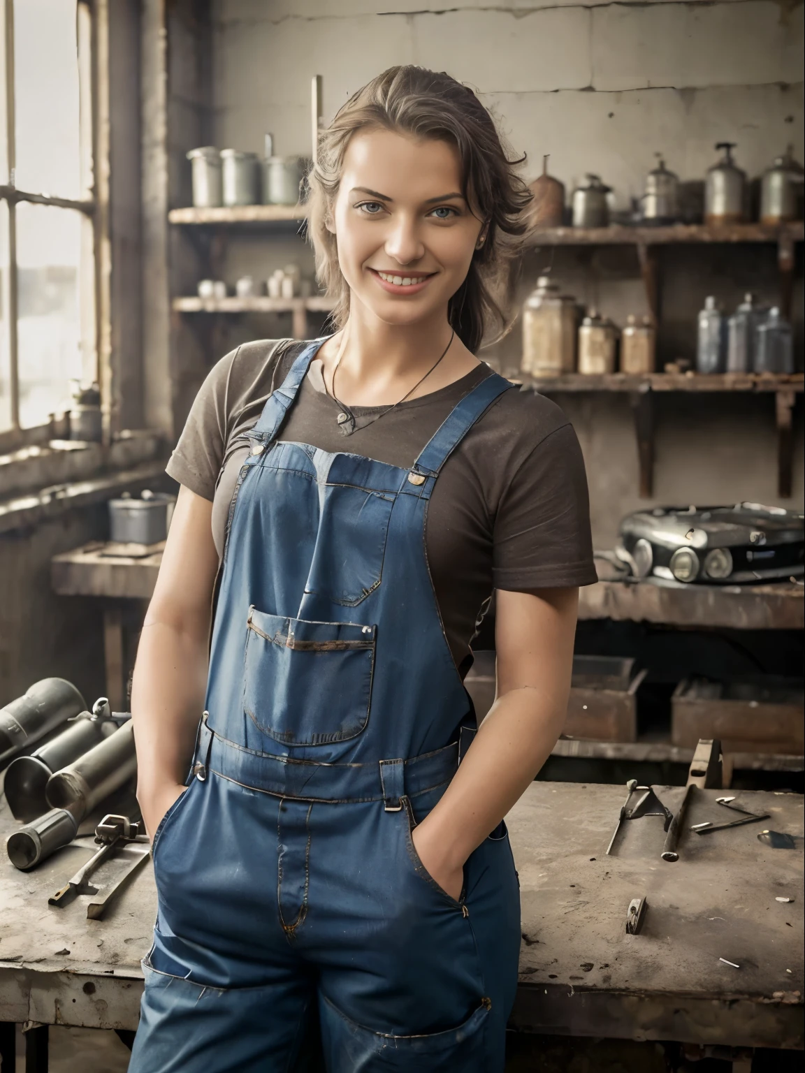 (medium full shot) of (burly mechanic) young woman, spanish, dark brown eyes, tan skin, tan skin, hazel eyes, Medium build, extra long brown side-swept bangs hair, wearing a work vest,mechanic trousers,black work shoes, tool belt, dirty with oil and grease, set in Garage Office, small room with a cluttered desk, a computer with work orders, a calendar with car repair schedules, car parts catalogues on shelves, a phone for customer calls, at night, woman smiling at the viewer, Masterpiece,best quality, photorealistic, amazing quality, very aesthetic, extremely detailed face,