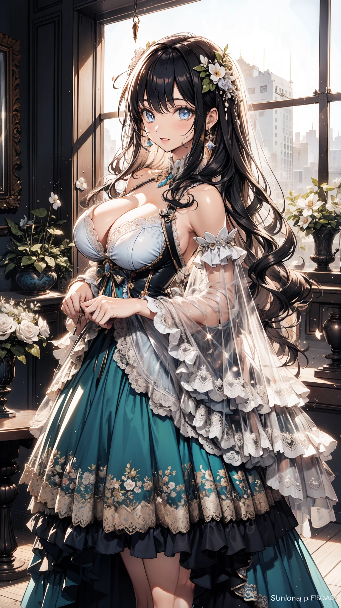((anime artstyle)),(Masterpiece),(Best Quality), (Super Detail),((Very Delicate and Beautiful)),Focus on character,Dynamic Angle,Looking at viewer,((Solo)),standing,((full body)),((one princess in gorgeousfull BlingBling wedding dress with voluminous skirt)),(((BlingBling)))detailed face and eyes,jewel-like eyes,((Very Long voluminous Hair)),gorgeous embroidery and lace,((gorgeous corsage)),See-through,(Gorgeous BlingBling jewelry ornaments),luxury hair ornament,BlingBling luxury tiara with jewels,ornate ruffles,((gigantic breasts,Long breasts)),indoor,church wedding,((full body)),hoop skirt,crinoline,very long gorgeousfull wedding veil,(((jeweled gorgeous embroidery BlingBling wedding dress)))