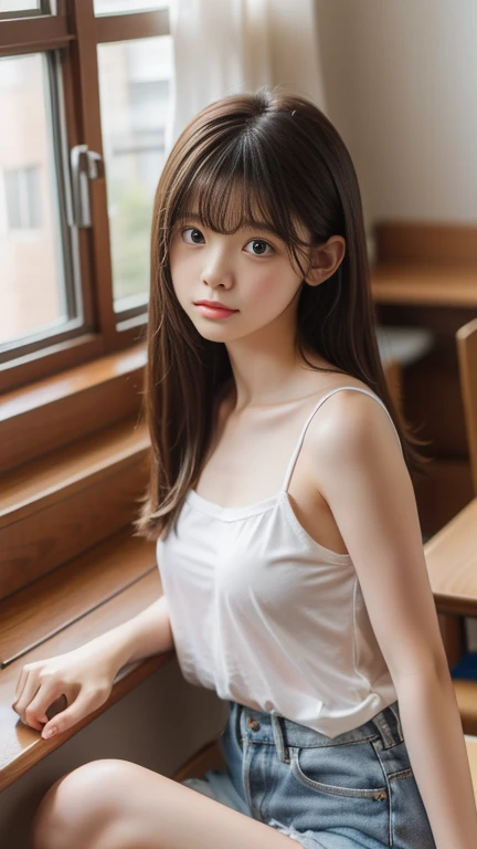 a girl, drooping eyes, flat chest, rosy cheeks, tucked-up