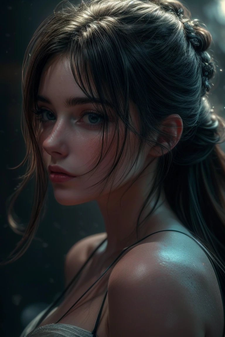 La mejor calidad,4k,8k,Altas Resoluciones,obra maestra:1.2),ultra detallado,(realista,fotorrealista,fotorrealista:1.37),retrato,ciencia,Portrait of an 18-year-old African-American girl full of tribal tattoos,(bikini color naranja+amarillo:1.4),( peces volando por aire:1.4), ((cabello corto y rizado color azul+rosado:1.4)) ,todo mojado con agua, cuerpo mojado (( Apocalyptic city destroyed)), pechos grandes,cabello azul mojado, Cuerpo de agua, Startled expression looking at the camera , Vestido corto azul transparente, Tormenta lluviosa por la noche,8K Oponente realista