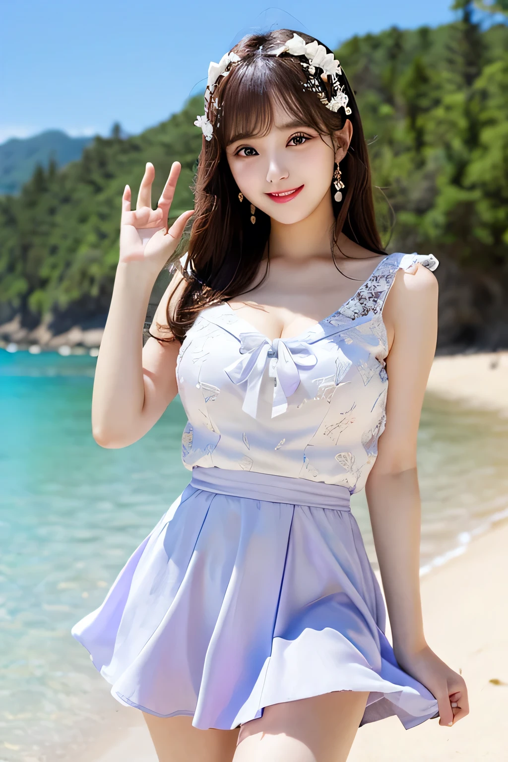Top-quality Realistic,Official art,Highly detailed CG Unity 8k wallpaper,ultra-detailliert,hight resolution,Physically-based rendering,Magnificat,finely detail,masterpiece,Best Quality,ultra detailed,Mature beauty,Beautiful women,1girl,moist lips,sexy lips,Sexy smile,Gentle smile, 20 years old, Beautiful bare skin,Smooth bare skin, big well-shaped breasts, beautiful cleavage,beautiful Mature body,swept bangs,(Medium hair:1.3), beautiful detailed eyes,model shoot style,Japanese Idol,Full-body, ((Looking at the cityscape of Oia from a hill)),BREAK, (Light purple Tiered Dress with lace decoration:1.3)BREAK,model pose,spread arms and up to head,Delicately expressed eyes,cute smile,A gentle smile like a goddess,wide view, (arms behind head)