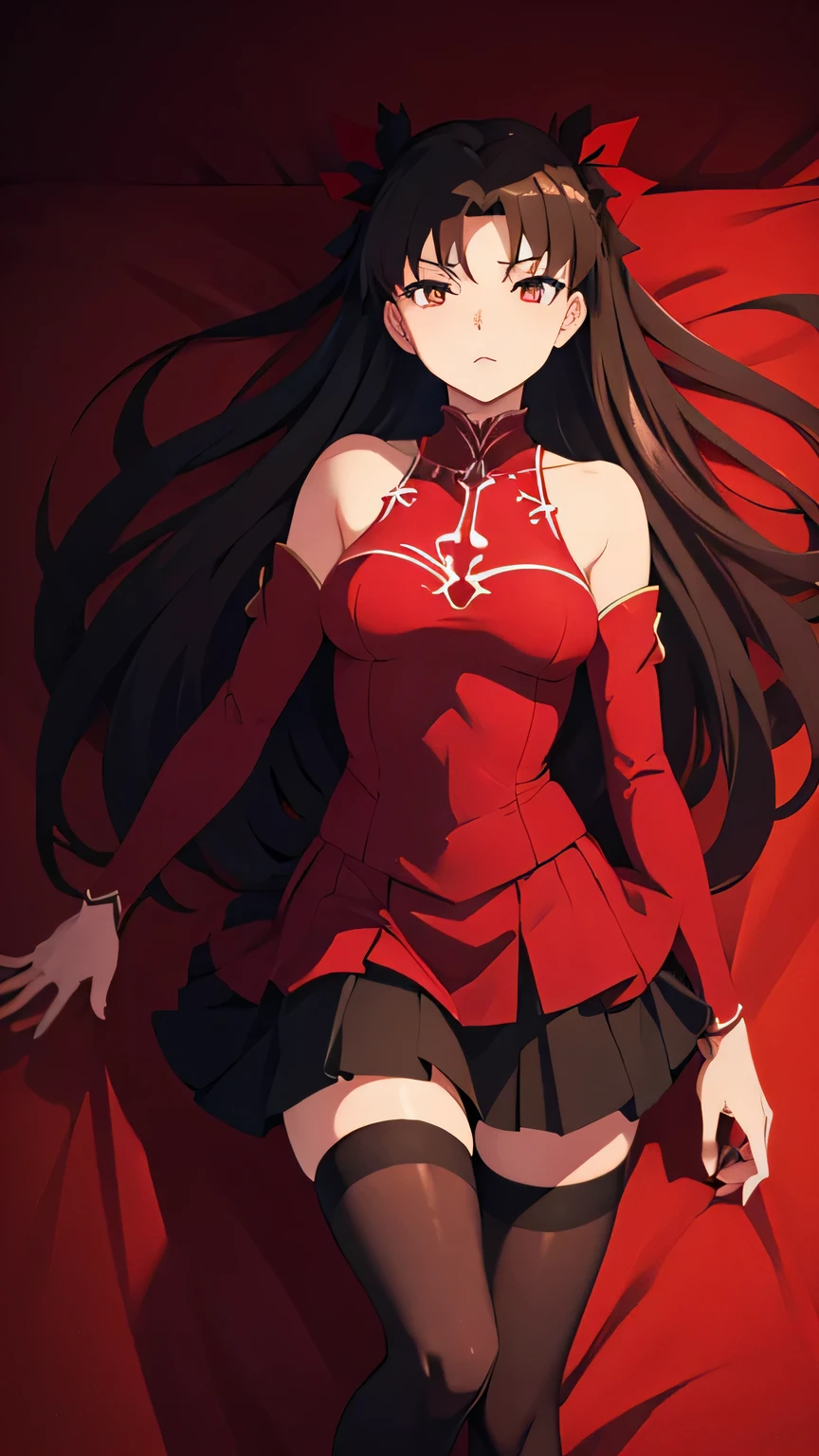 tohsaka from fate;  up to down perspective; long and beautiful thighs and legs;lying mistress pose; staring on sky; mini-skirt; full stockings; aesthetic; bohemian; realistic; skinny fit; emo;  night city background; Dark fantasy ; focus on hips; goddess; beautiful solo girl; cute eyes; epic scene; red and black outfit