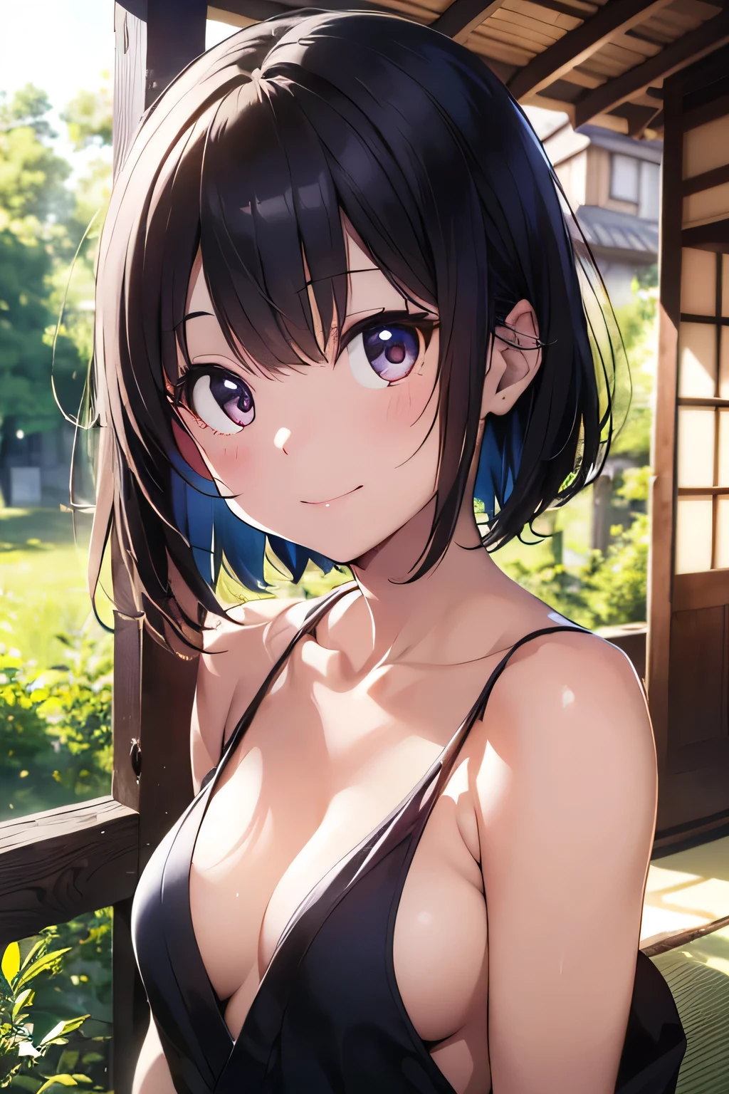 (extremely high quality artwork), (extremely detailed CG 8k), (masterpiece) ,(extremely cute girl), short, (innocent face), ((innocent smile)), shiny hair, (slim body), (small breasts), ((finely detailed beautiful eyes)), (eyes with brightness), look at viewer, ((nsfw)), ((japanese kimonos)), ((side boob)), ((no bra)), (((lower body is completely naked))), (((no panties))), beautiful skin, pale skin, shiny skin, (bright color), vibrant colors, natural light, (glare), outdoors, uninhabited forest,