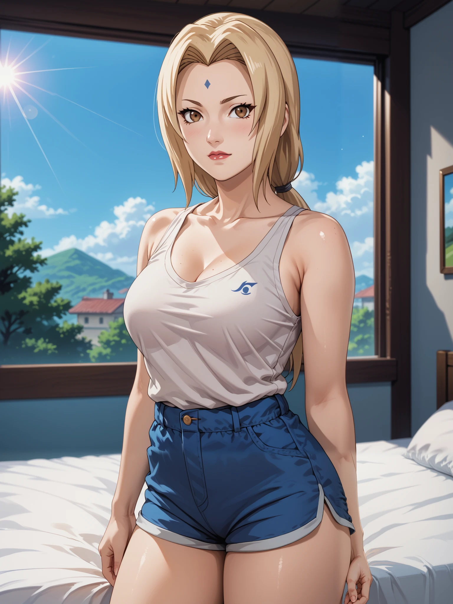 Masterpiece, extremely detailed,4k,solo, 1girl, tsunade, beauty anime face, Brown eyes, full body, stand up,perfect slim body , bright body skin, thin lips,perfect slim body, very large breasts,white tanktop,((shorts)), Front look, bed room, sunlight on the windows, cowboy shot, bokeh, photograph, little noise, shining, shimering, splendid
