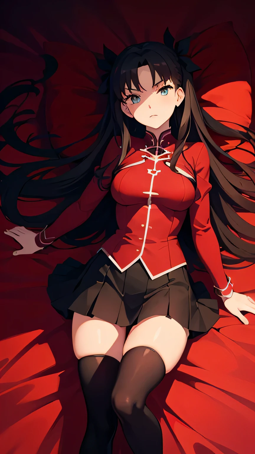 tohsaka from fate;  up to down perspective; long and beautiful thighs and legs;lying mistress pose; staring on sky; mini-skirt; full stockings; aesthetic; bohemian; realistic; skinny fit; emo;  night city background; Dark fantasy ; focus on hips; goddess; beautiful solo girl; cute eyes; epic scene; red and black outfit