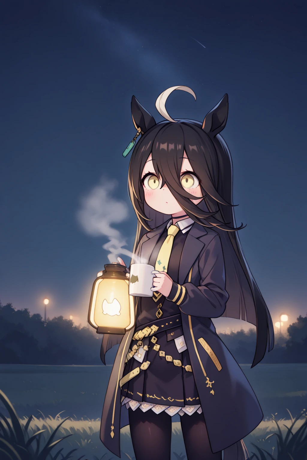 ( Highest Image Quality),( high resolution),( Uma Musume、 Manhattan Cafe ),(whole body),(Black clothes、 yellow tie、 black miniskirt standing in the diner、 black tights),(( stargazing 、night、Look at the sky)),(Holding a mug、 steam ),( lantern),(grassland,Turf,green)