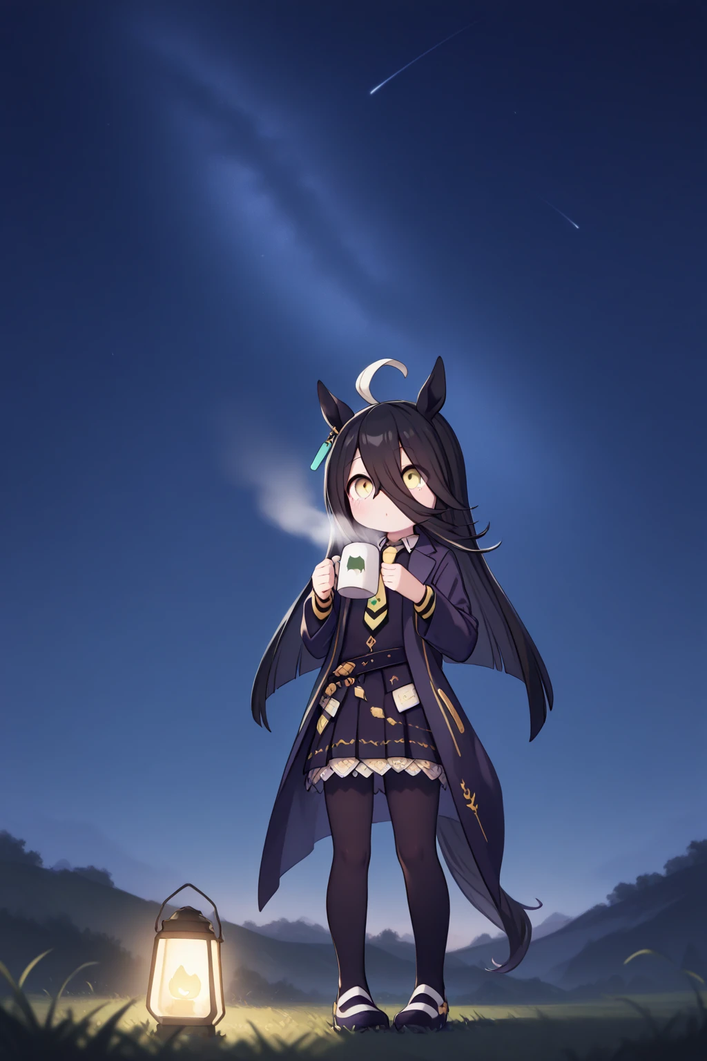 ( Highest Image Quality),( high resolution),( Uma Musume、 Manhattan Cafe ),(whole body),(Black clothes、 yellow tie、 black miniskirt standing in the diner、 black tights),(( stargazing 、night、Look at the sky)),(Holding a mug、 steam ),( lantern),(grassland,Turf,green)