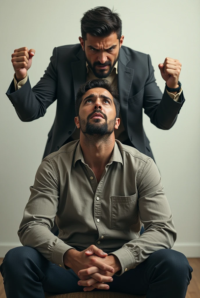 a man sitting, silent with the countenance of peace and another man standing in front of you, angry and shouting angrily.