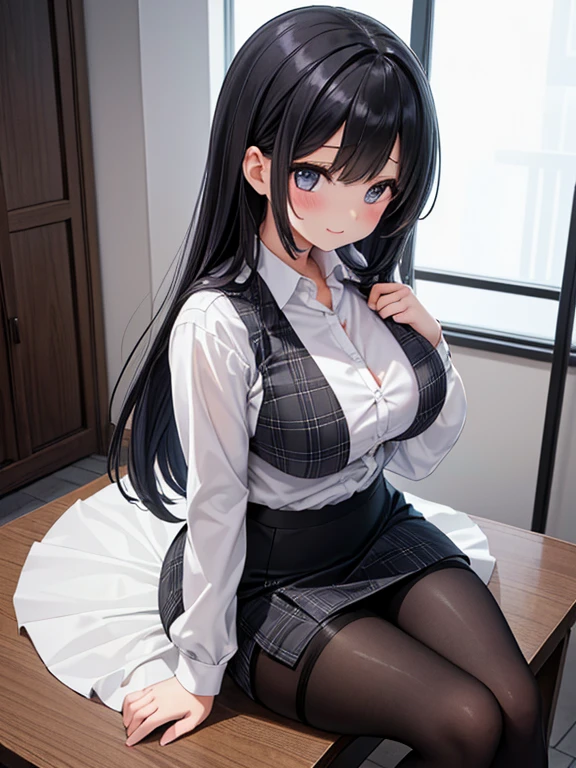 (masterpiece, best quality), a young black haired girl office secretary dressed in a transparent white blouse and black office skirt and black pantyhose ,sitting in an office chair, holding pencil, (detailed skin:1.3),(detailed eyes), (sharp focus),