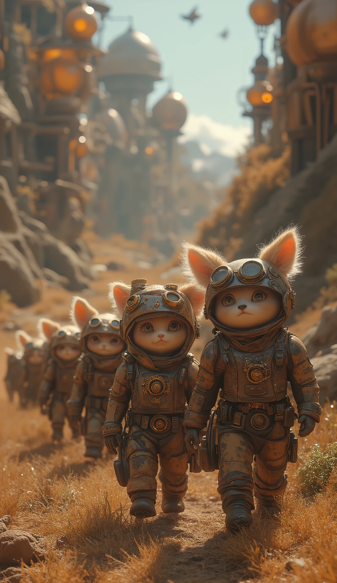 best quality , Super quality, 16k, unbelievably absurd, very detailed , 2.5D, Delicate and Dynamic , cute little animals , enchanting smile, Brigade outfit, ,Space Travel , steampunk, DIESEL PUNK , Clock Punk , cyberpunk, Glitter effect, Cute Animals' Journey,