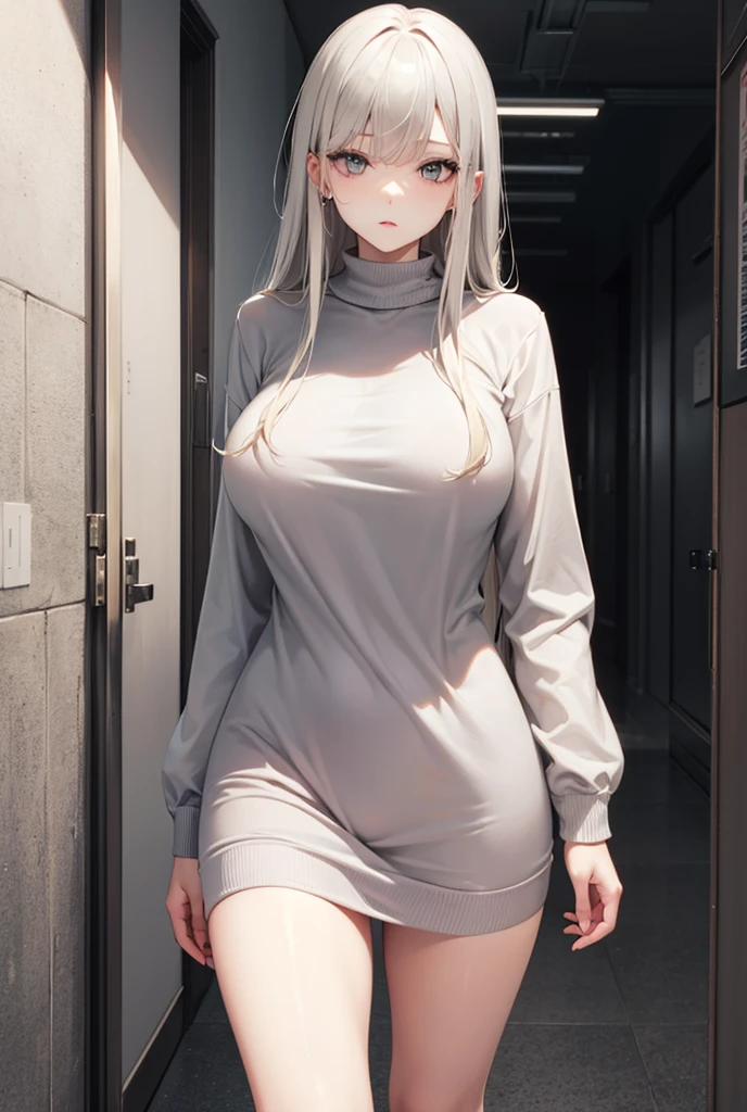 /(modern house indoors/), 1lady solo, mature female, /(White ribbed sweater dress/), bangs, blush kind smile, (masterpiece best quality:1.2) delicate illustration ultra-detailed, large breast、((sweat,steam,Vulgarity))、In front of the entrance door、Visit、(full shot)), 