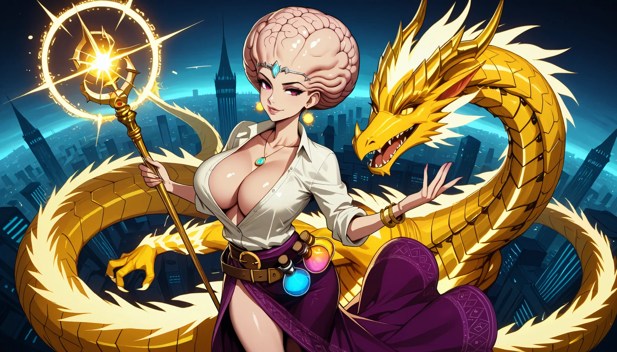 beautiful bald sorceress in the fantasy night city with glowing magic dragon, ((bald)), ((big brain)), cranium, (silver circlet), sassy, golden earrings, light blue button down shirt with rolled sleeves, collarbone, pendant, ((cleavage)), big breasts, bracelets, (patterns), ornate open front slit skirt, potion belt, grimoire on belt, high-heels, golden magic scepter, (glowing magic dragon), magic city, towers, shiny street