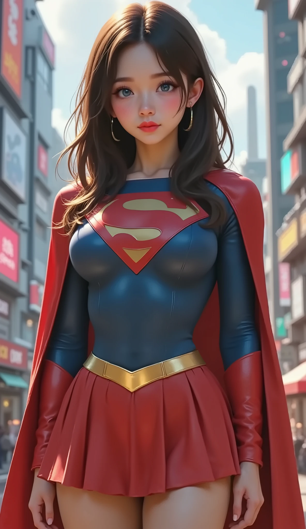 FULL VIEW OF A LIGHT BLUE EYED ASIAN SUPERGIRL, WEARING A 1960'S SUPERGIRL COSTUME AND CAPE, STANDING POSE, streaked hair, BLUE eyes, colored eyelashes, puckered lips, textured skin, super detail, high details, high quality, best quality, 4K, 8k. TOKYO BACKGROUND.
