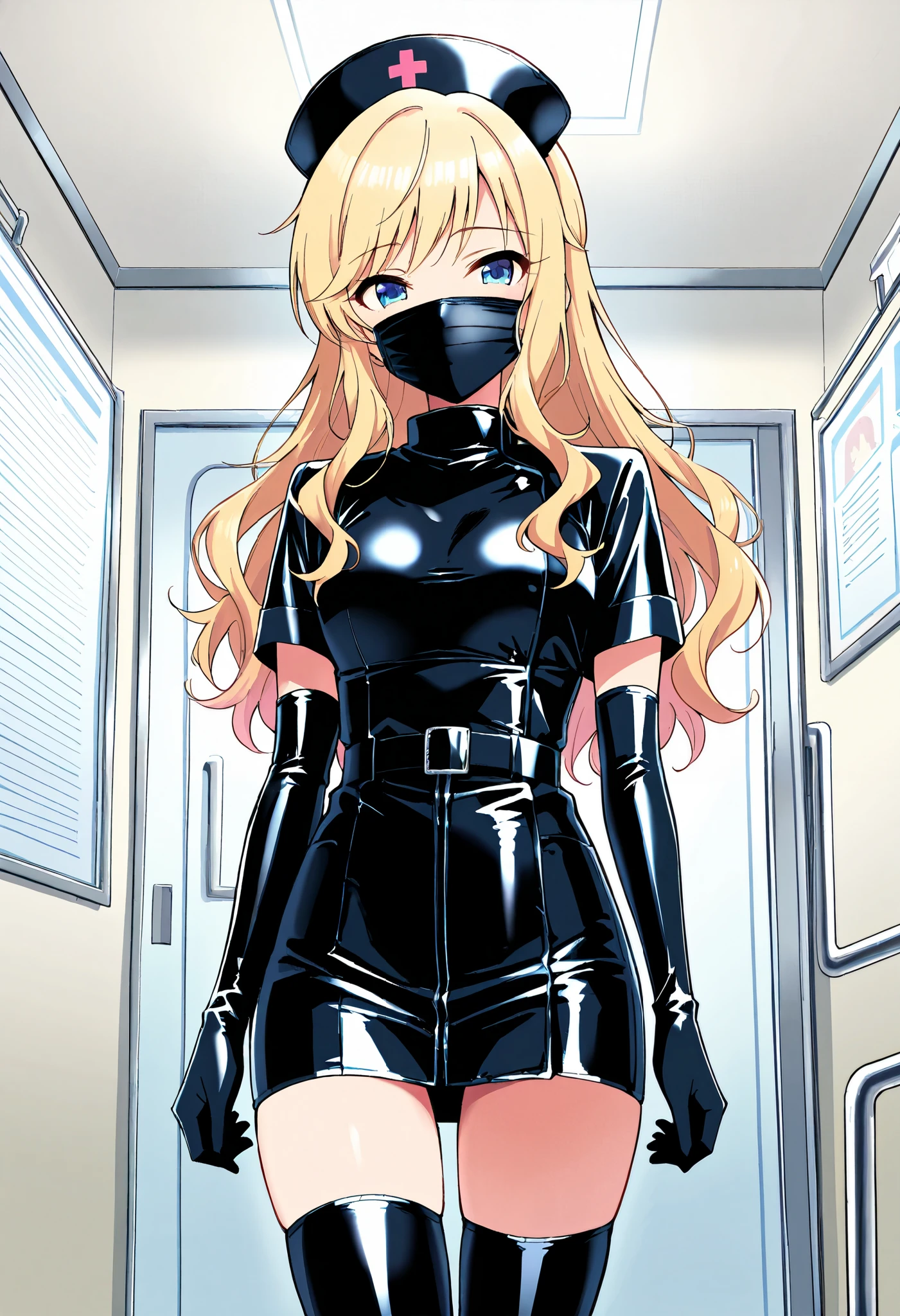 score_9, score_8_up, score_7_up, source_anime, idolyui, blonde hair, long hair, wavy hair, blue eyes, enamel leather dark nurse, latex dress, black latex gloves, black latex legwear, latex, latex skirt, (best quality), (high quality), {masterpiece}, extremely delicate and beautiful, ultra-detailed, beautiful detailed eyes, nurse, nurse hat, ((black nurse's outfit)), hospital, surgery room, ((black latex surgical mask, covered nose)), standing