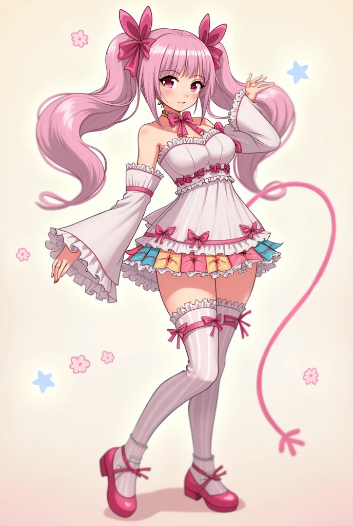 score_9,score_8_most,score_7_most,Bachong, alone, finger_To_Mouth closed, Pink_chemise, Pink_theme, Schmucklos_backdrop, 1 girl, long_sleeve, open_Mouth closed, pleated_rocks, breasts, seek_at_Toschauer, Pink_sweater, White_backdrop, White_chemise, Pink_Ribbon, sleeve_Past_wrists, highres, absurdeste, sleeveless_sweater, platform High Heels, nylons, Body from behind