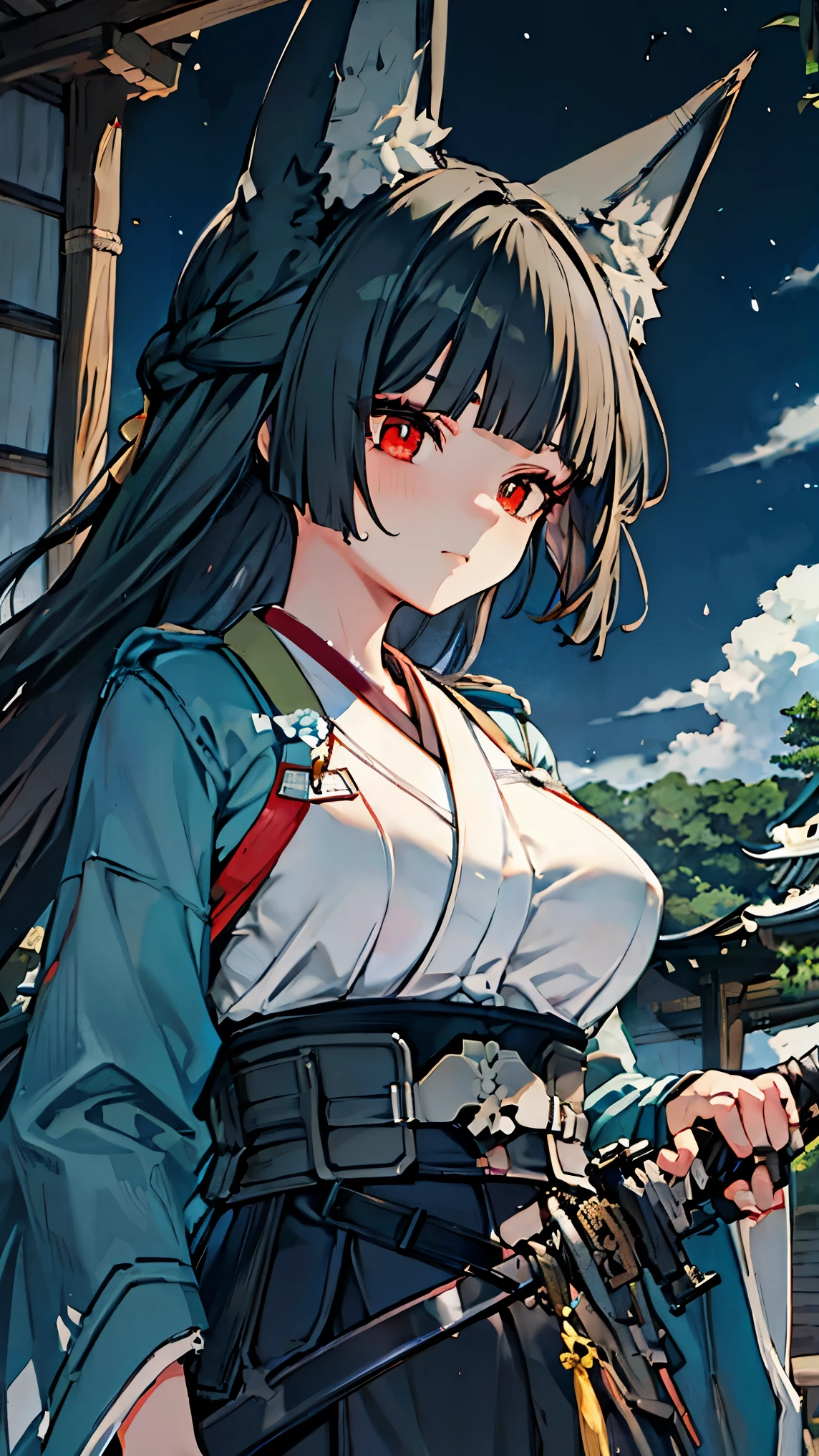 best quality 、、(Whitening skin)、 black hair, long hair, red eyes, fox ear,Petite、 slender,, kimono,belly button, big breasts, slender, sweaty,Mansion,Japanese-style room, samurai, Japanese Knife ,sword,Hakama,Night Sky,bamboo forest,battle
