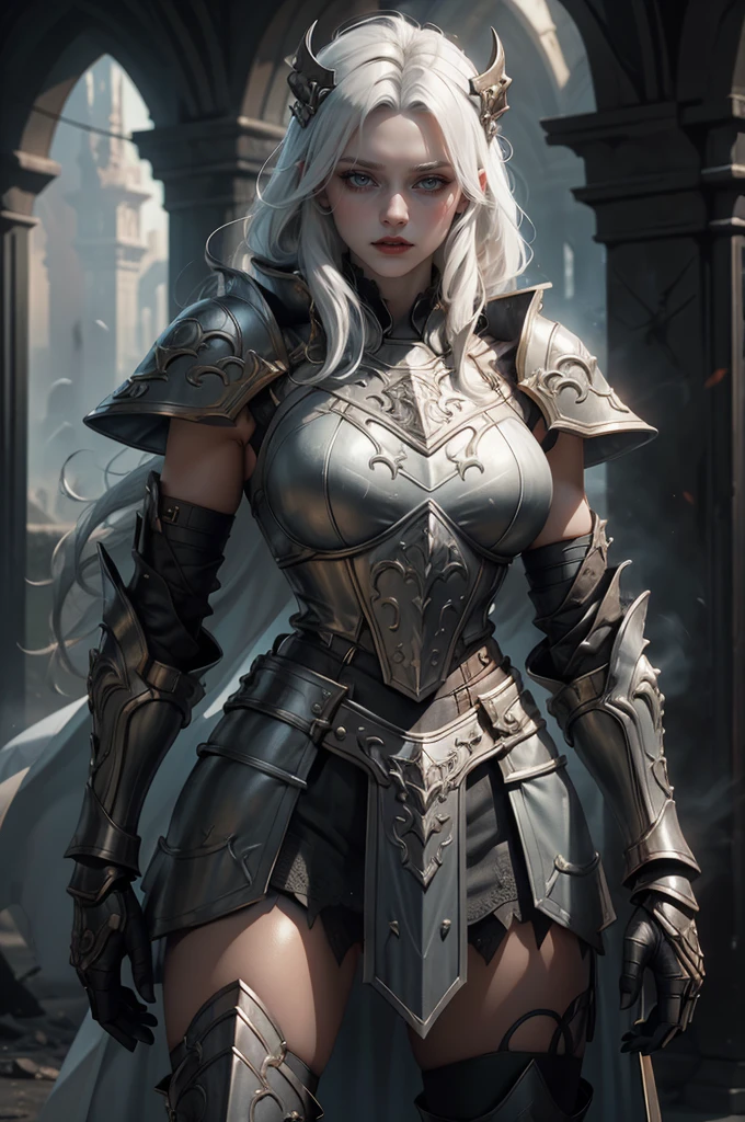 8K分辨率(full body Esbian:1.3)shots、splashart、Great cartoon style、Photorealistic and intense look、Female Holy Knight With Bewitching Short Bob Hair,Anatomical Photorealistic Digital Painting(A MILF:1.3)Human portrait(AS-Adult:1.3)Complex of holy armor(heavily armored:1.3)with  the(Dark and moody universe:1.3)、light particules、highlydetailed skin、paladin、extremely detailed eye、 (Elden Ring-style:1.1)、(warhammer style:1.3)、Concept Artist、globalillumination、depth of fields、splashart、art by:ArtGerm、by Greg Rutkowsky、viktoria gavrilenko,Big Sword Details,Female Holy Knight