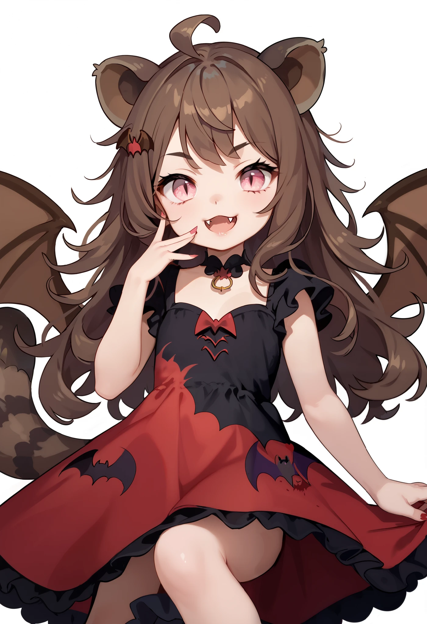1girl, solo, long hair, brown hair, brown raccoon ears, brown raccoon tail, cute, pink eyes, red dress, black dress, multicolored dress, trying to look scary, fangs, bat in hair, bat patterns, ((patterns on dress)), messy hair.