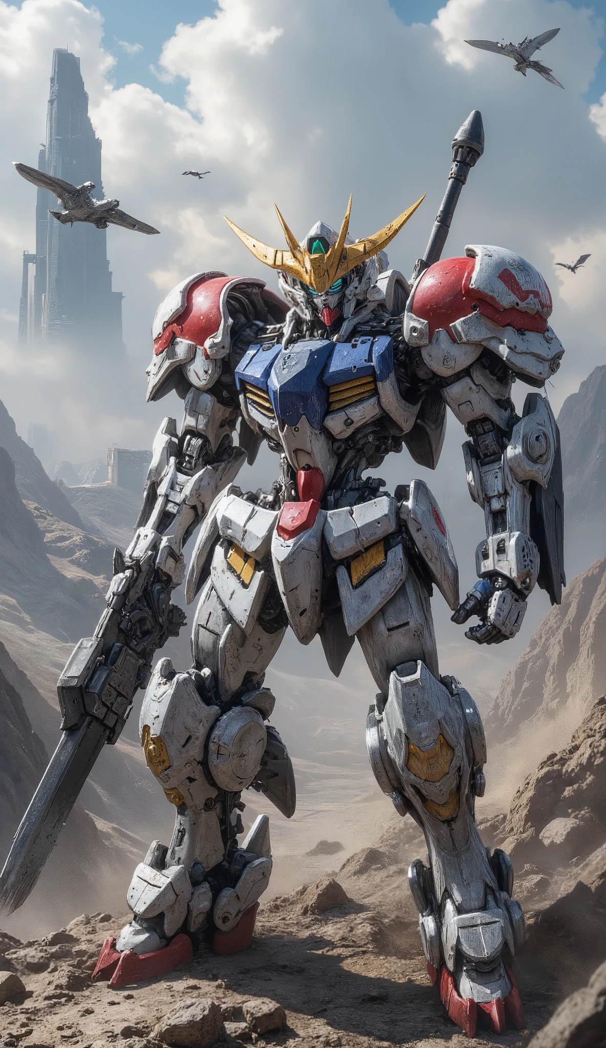 Gundam Barbatos、B4RBAT0S 、 high resolution , detailed images、Walking around with a big sword、