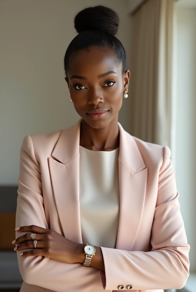 Generate an image for a communication service website. Create a visual representation of a black-skinned woman, slim, radiant, and smiling. Dressed in a white suit, a professional outfit. Pose her in a fun and relaxed posture. Ensure that the image does not include a background.