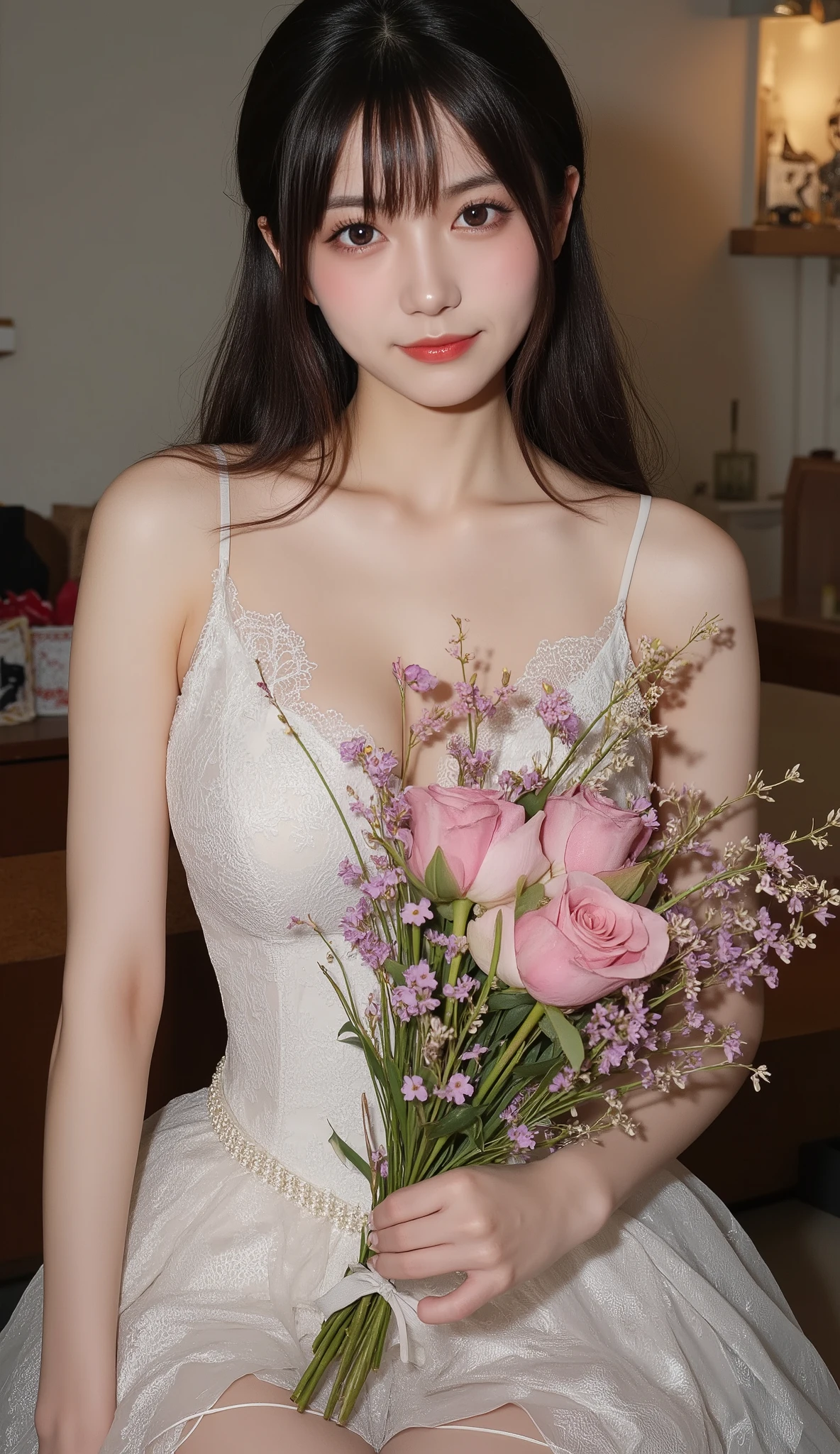 ((masterpiece)), (( best quality :1.4)), ( more details:1,4) , movie lights, A woman of astonishing beauty 、Captivating beauty、gorgeous full lace dress、((( perfect and realistic pantyhose:1.2)))、((( shiny pantyhose :1.3))), thick, beautiful legs 、 is holding out a gorgeous bouquet of flowers for the celebration 、 Blessing Smile 、 full body shot、