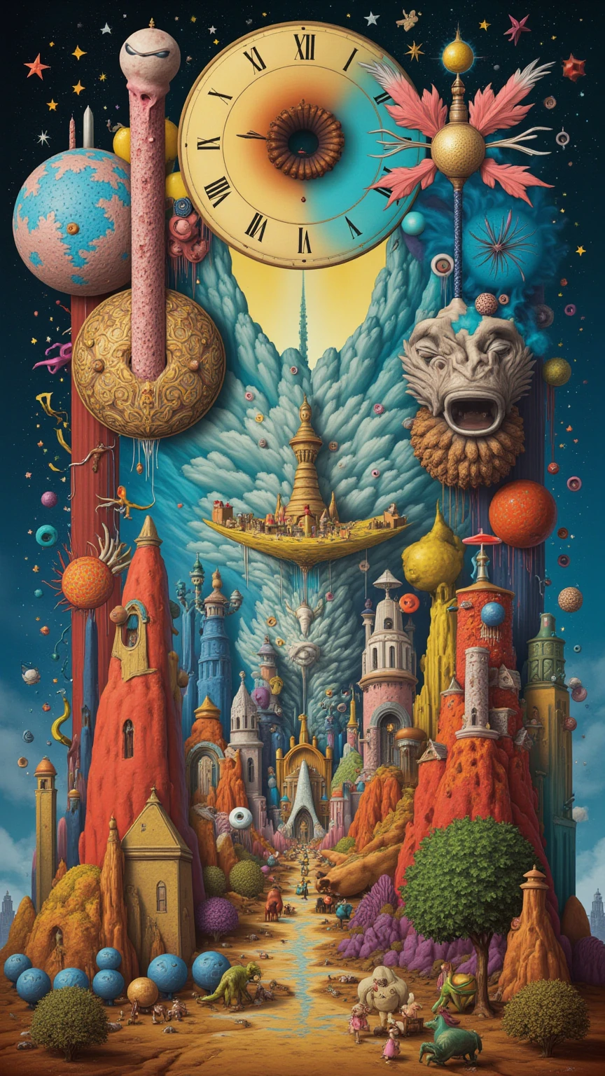 Create a captivating piece of art that embodies the essence of dreamy magical surrealism, filled with an array of bizarre and fantastical shapes. Channel the imaginative styles of Salvador Dalí and René Magritte, infusing the artwork with a profound dreamlike quality. Incorporate multiple magnificent worlds that are breathtaking and otherworldly, featuring surreal elements such as melting clocks, floating islands, whimsical creatures, and enigmatic landscapes that defy logic.

The composition should be rich in color and intricacy, reminiscent of a masterful painting, with layers of detail that invite viewers to explore every corner. Use vibrant hues and soft gradients to create a sense of depth and movement, transporting the audience to a realm beyond reality where the boundaries of imagination are limitless. The final piece should evoke a sense of wonder and intrigue, drawing viewers into an enchanting journey through surreal landscapes and dreamlike visions.