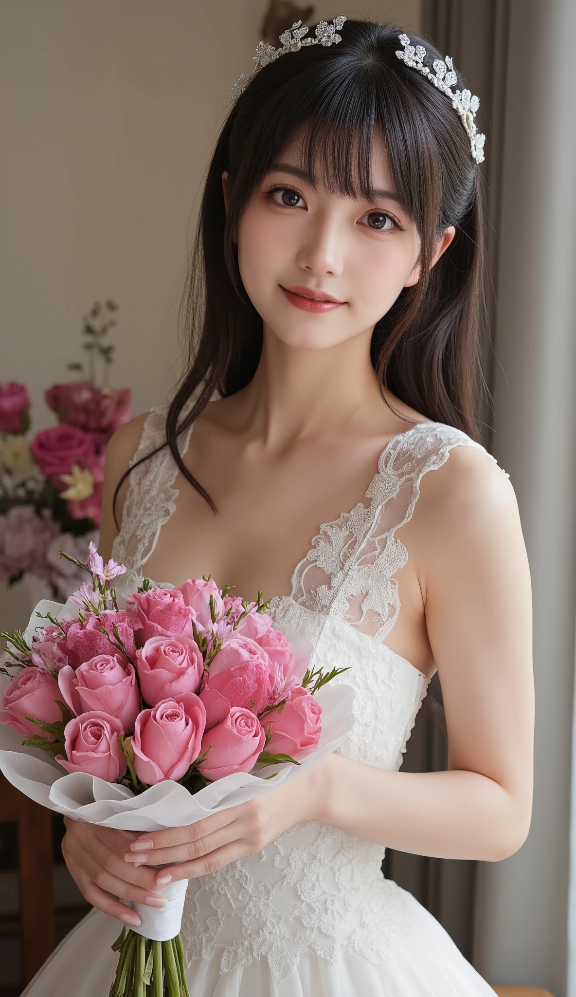 ((masterpiece)), (( best quality :1.4)), ( more details:1,4) , movie lights, A woman of astonishing beauty 、Captivating beauty、gorgeous full lace dress、((( perfect and realistic pantyhose:1.2)))、((( shiny pantyhose :1.3))), thick, beautiful legs 、 is holding out a gorgeous bouquet of flowers for the celebration 、 Blessing Smile 、 full body shot、