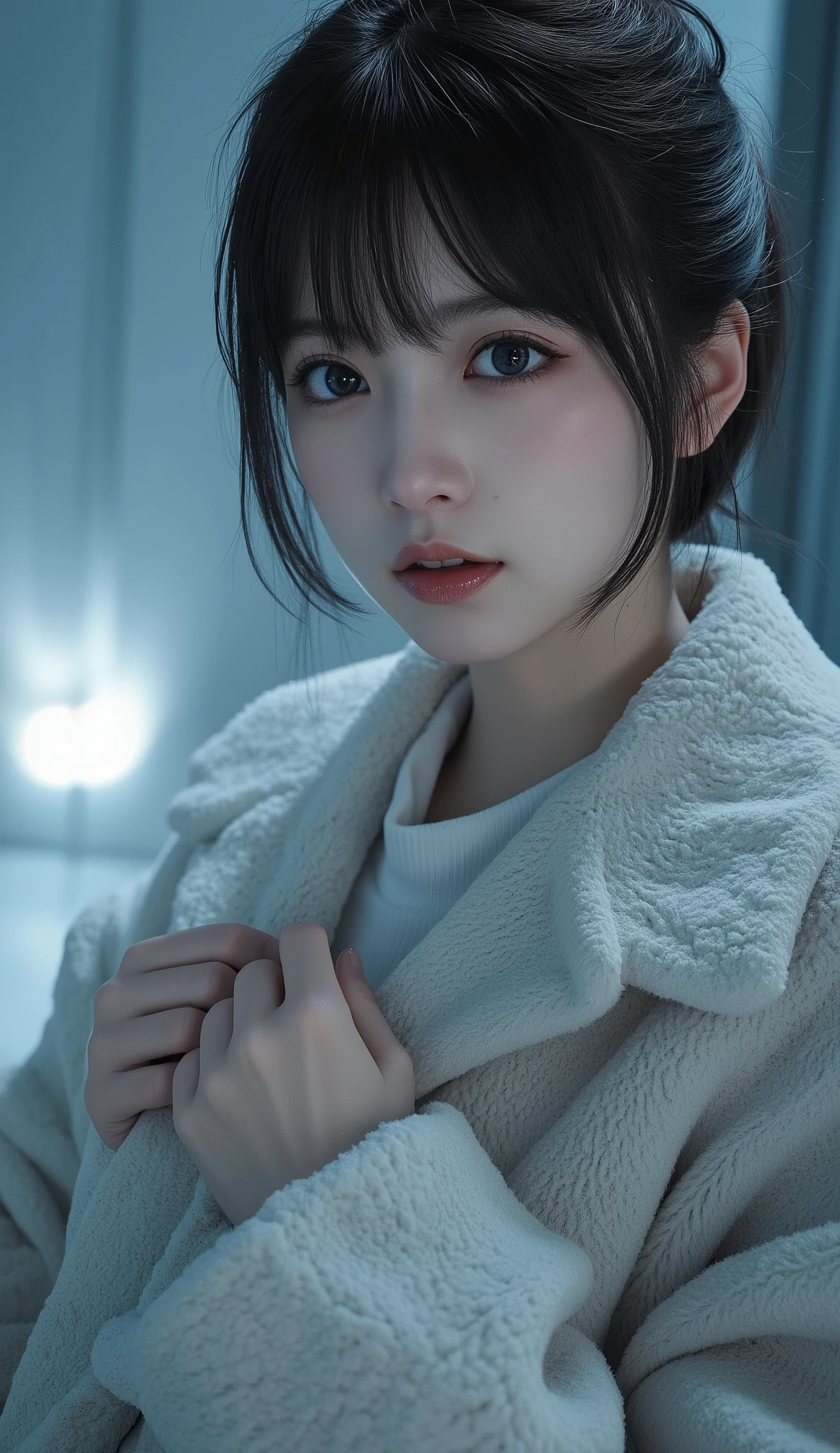 beautiful girl with realistic dark eyes wearing thick tights, blue-white skin, with medium length dark hair, perfect face, perfect eyes, With the coat on , ((厚いタイツを穿いて)), very detailed on trends, Comprehensive cinematic, digital paint, 8k, cinematic lighting , best quality , high resolution, Detailed work, Post-Processing , Perfect results, surreal, low angle、