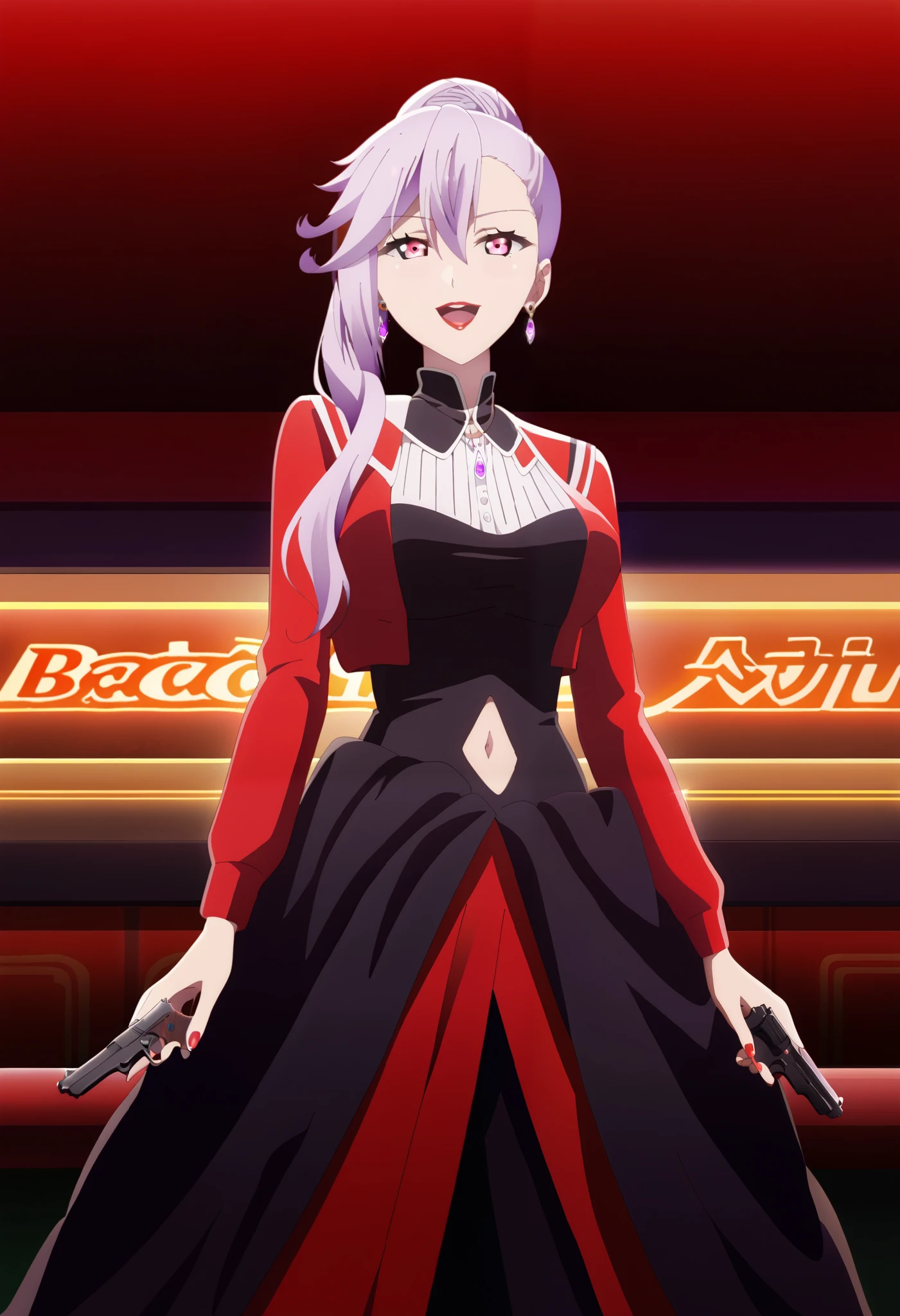 score_9, score_8_up, score_7_up, solo, 1girl, BREAK
emilialudwell, purple hair, pink eyes, long hair, hair between eyes, ponytail, hair bun, single hair bun, side ponytail, asymmetrical hair, asymmetrical bangs,
jewelry, necklace, pendant, gem, red lips, large breasts, bad attitude, mean girl, ear piercing, long hair, blush, lipstick,Hot girl, baddie, sensual, attractive , bar
background, inside bar,indoors, cityscape, casino, nightclub, city lights, masterpiece, best quality, highly detailed, a anime girls in long dress with navel cutout posing for a
picture, evil smile, smile, open mouth, (nsfw) not safe for work, revealing dress, beautiful dress center
opening , long dress with bellybutton showing, ecchi anime style, anime girls, ecchi style, ecchi, digital
anime art!!, in anime style, official artwork, visual novel cg, beautiful anime girl, anime style 4 k, exposed
navel, exposed bellybutton, jewelry, earrings, complex detailed background, casino environment, fancy
interior environment, rich interior, holding a gun, holding pistol, dragon tattoo, narrowed eyes, tattoo midriff, from below