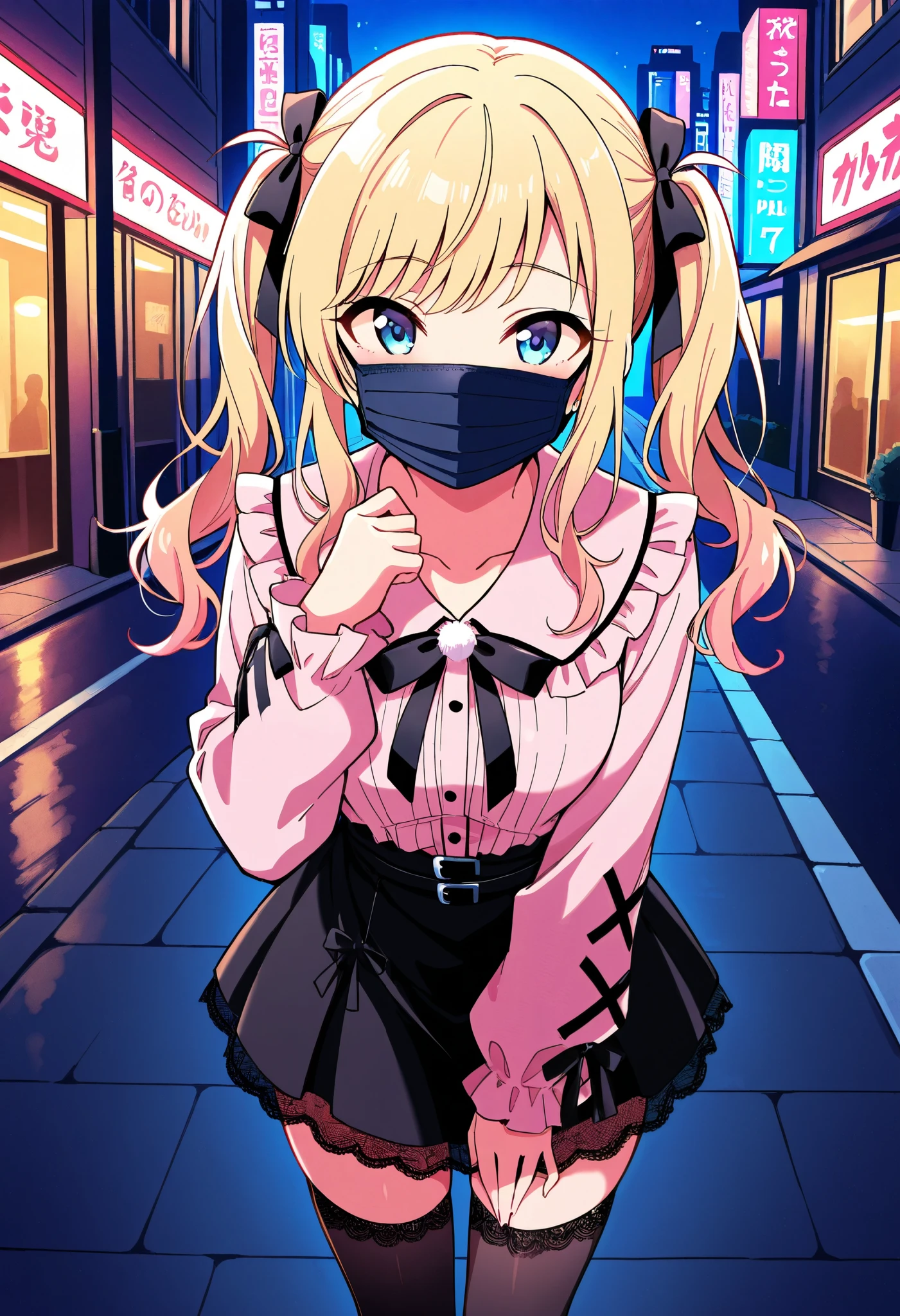 score_9, score_8_up, score_7_up, source_anime, idolyui, blonde hair, blue eyes, jirai kei, pink shirt, black skirt, twintail, black thighhighs, (best quality), (high quality), {masterpiece}, extremely delicate and beautiful, ultra-detailed, beautiful detailed eyes, shibuya, night, street, ((black surgical mask, covered nose)), standing