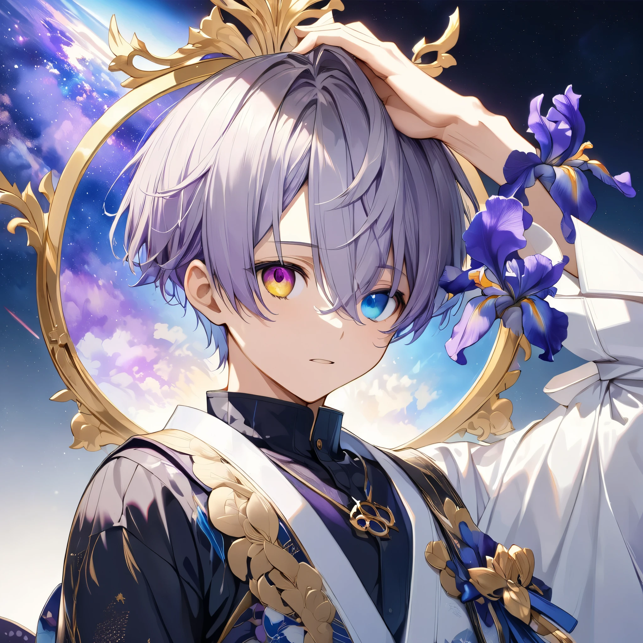 fresh illustration ,
Superfine painting,
very delicate illustration ,
Very fine details ,
Picture of only one boy ,
Height: 158cm,
white skin,
((((( complete iris heterochromia where the right iris is purple and the left iris is blue))))),
beautiful eyes,
large black pupils ,
short hair,
Gray Hair,
hair roots are bluish ,
The hair has gradation ,
shiny hair with makeup,
Beautiful and cute face,
since age 27,
A small shiny rear wheel is on top of the head ,
raised eyebrows ,
and is wearing a kimono on the upper body in kimono,
Masculine physique,
Six Pack,
Super Skinny,
No boobs,
The color of the belt is black ,
Overall white clothes ,
The design is tastefully embroidered with gold thread,
fine fabric clothing ,
Isometric,
Golden Ratio,
god々 like atmosphere,
The undershirt is indigo-colored with a stand-up collar,
outer space ,
Milky Way,
Little Star々 upper body ,
tactical use of shadows ,
The ring on the head does not extend beyond the angle of view,
Hair doesn't stick out of the angle of view ,
Bust Shots,