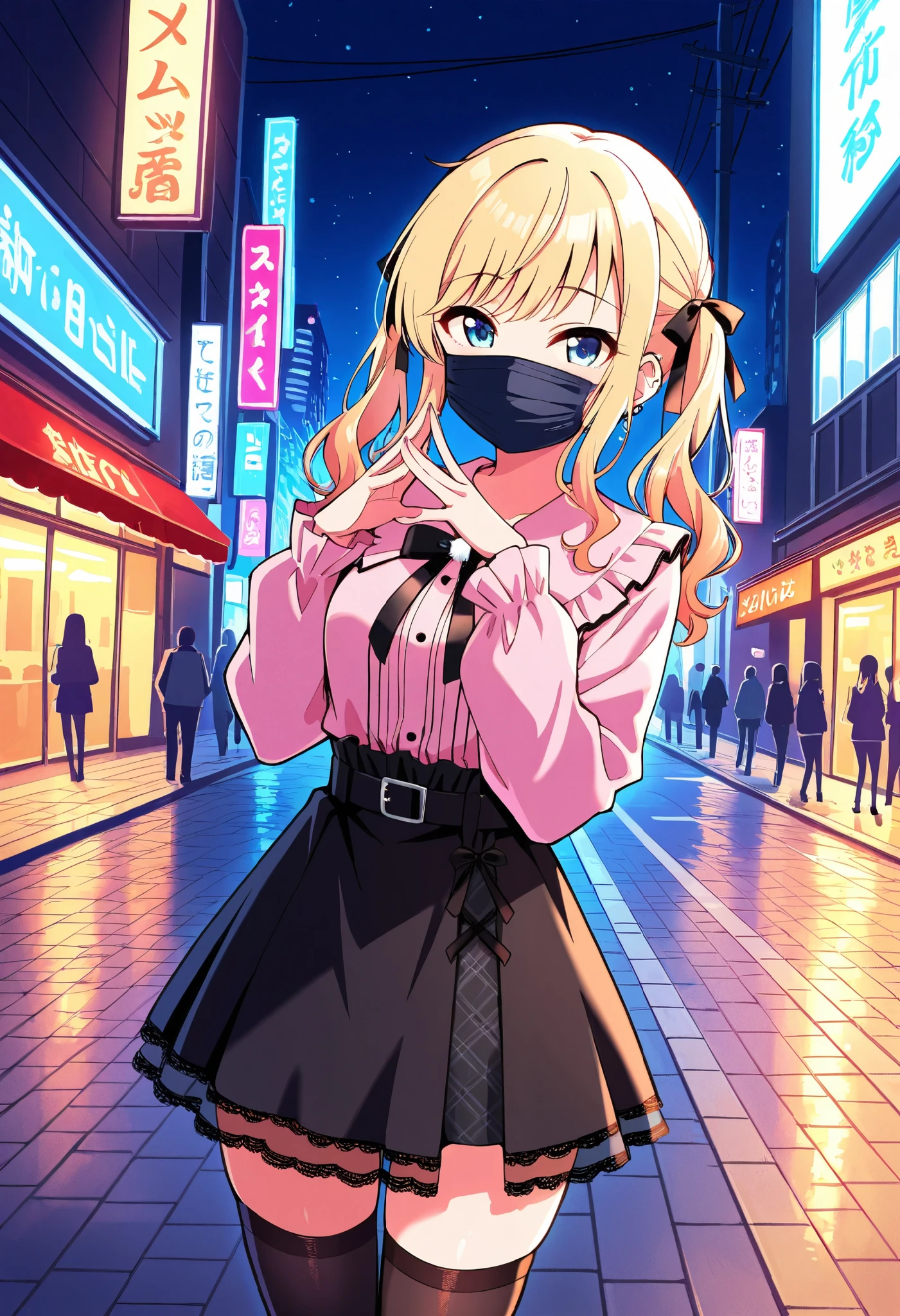 score_9, score_8_up, score_7_up, source_anime, idolyui, blonde hair, blue eyes, jirai kei, pink shirt, black skirt, twintail, black thighhighs, (best quality), (high quality), {masterpiece}, extremely delicate and beautiful, ultra-detailed, beautiful detailed eyes, shibuya, night, street, ((black surgical mask, covered nose)), standing