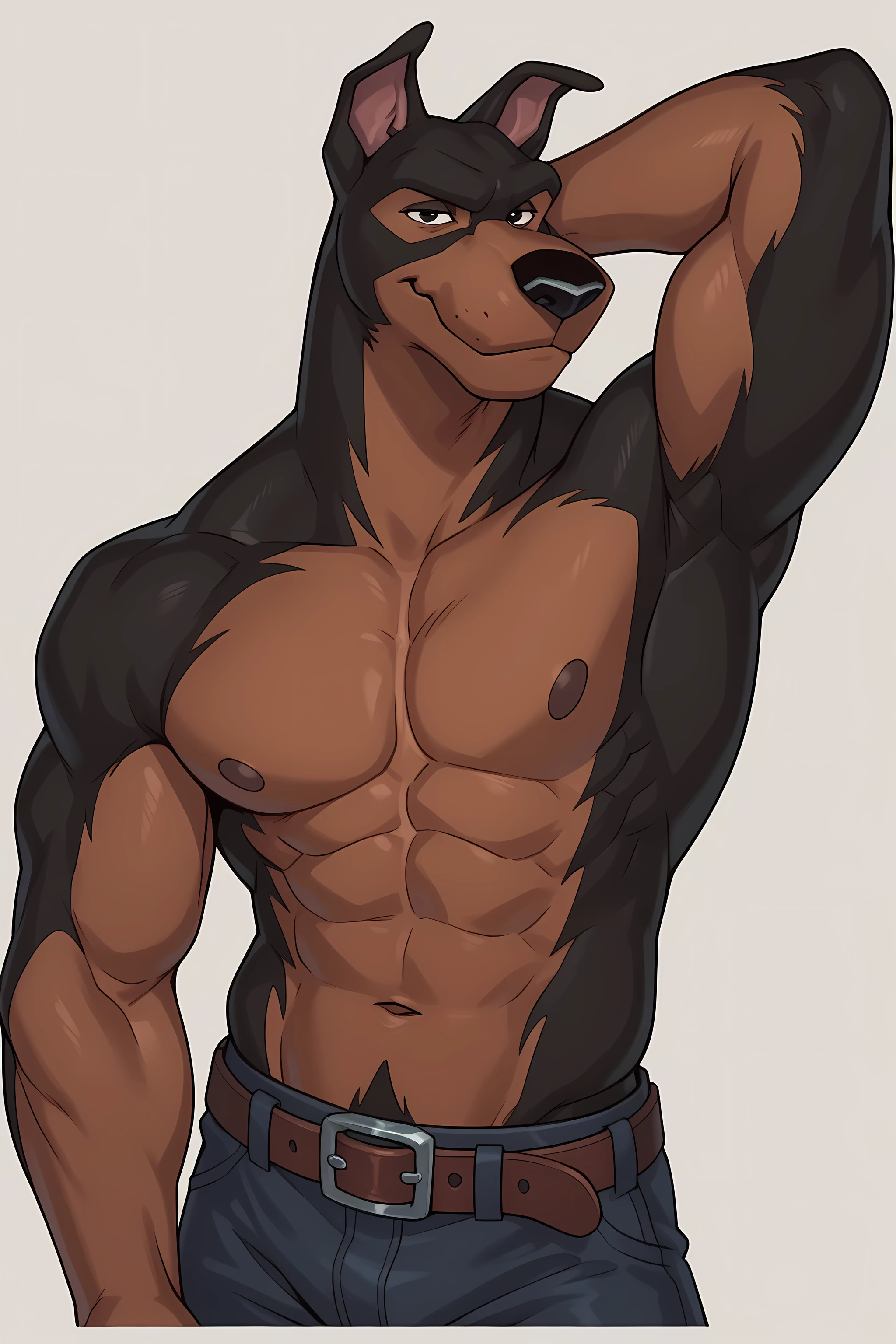 BusterLT, furry, anthro, anthro body, canine, doberman, black eyes, black nose, black body, black fur, brown body, brown fur, two tone body, two tone fur, pink inner ear, solo, athletic build, muscular, muscles, ((flat colors, no shading)), simple background, detailed, posing, looking at viewer, smile, strong posture, shirtless, bare chest, belt, pants, muscular neck, half body, half view, hand behind head