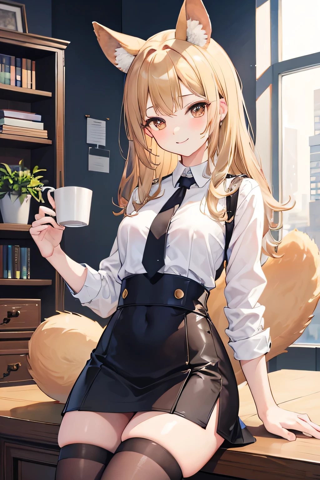 Best Quality,hight resolution,High quality,absurderes,ultra-detailliert,(masutepiece), High quality, Very high resolution, large filesize, fulcolor,Detailed beautiful eyes,Thin border, Romper, One girl. (masutepiece, of the highest quality, Kyoto Animation Style Illustration, of the highest quality, Official art, aesthetics, Beautiful details, :1. 2), BREAK, (17 years old girl), Very detailed, colourfull, highest details, BREAK, (Bomb Chest: 1. 2,), Clear skin, Beautiful skin, Shy skin, with fringes, 1 beautiful girl, Brown hair, (Cat ears, Ponytail, medium-Long hair: 1. 2), (Light blue eyes, long eyelashes, Double eyelids: 1. 2), Solo, BREAK,(Large breasts:1.5),BREAK,Baby face,Working,in a office,officer,(white desk),(Light Reflection Desk),Suit Style,(Holding a mug),Coffee,(one eye closed), Wink,Smile,(closes mouth),Leg Crossing,chair sitting sitting,Office Lady,Ponytail, Navy suit