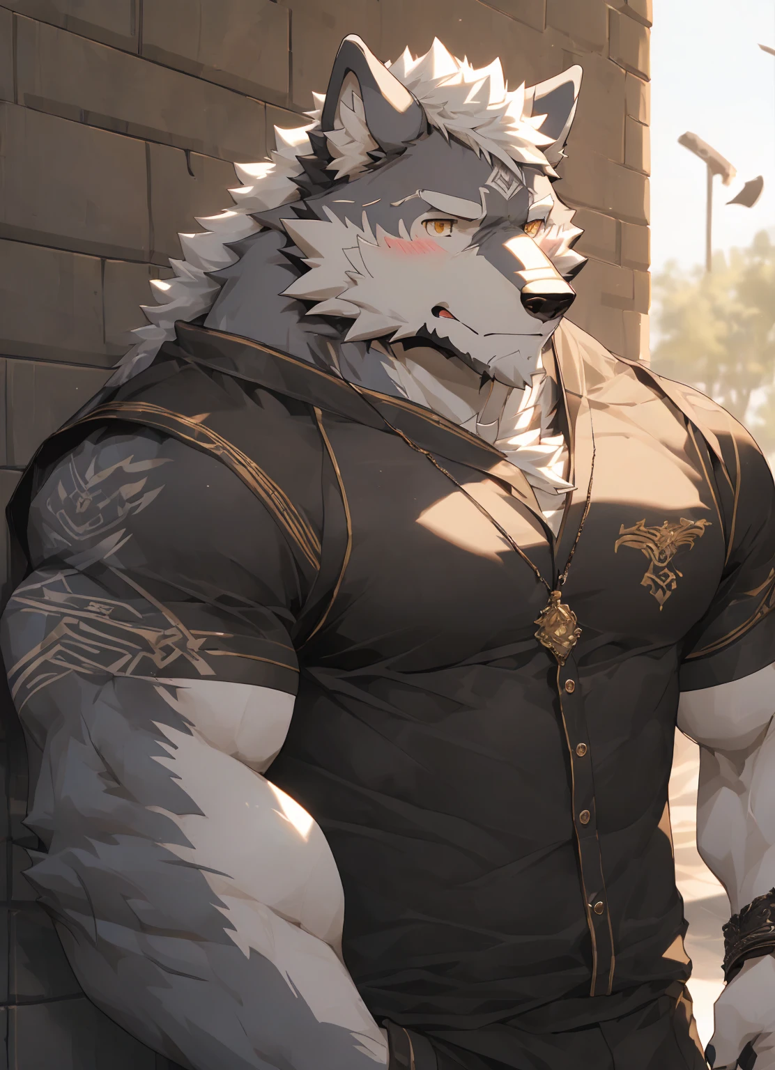 Anthro((dramatic))epic, dynamic pose, One scene of movie, An extreme perspective with a powerful composition, absurdres, Perfect Anatomy, magnificent picture of kemono fighting fierce battles, (ultra detailed), sharp focus, niji, eyesgod, black eye, furry, light-white fur, brown fur, white beard, anthro (wolf), male, middle-aged, gray body, white belly, tail, muscular, ultra detailed face, depth of field, motion blur, high details, high quality, award winning, HD, 16k, (best quality,4k,8k,highres,masterpiece:1.2),ultra-detailed,realistic:1.37,HDR,UHD,studio lighting,extreme detail description,professional,vivid colors,bokeh,lively atmosphere, natural lighting, ((backshow of changing clothes:1.5)), ((medieval bedroom:1.5)), (solo:1.2), (upperbody nude:1.3)