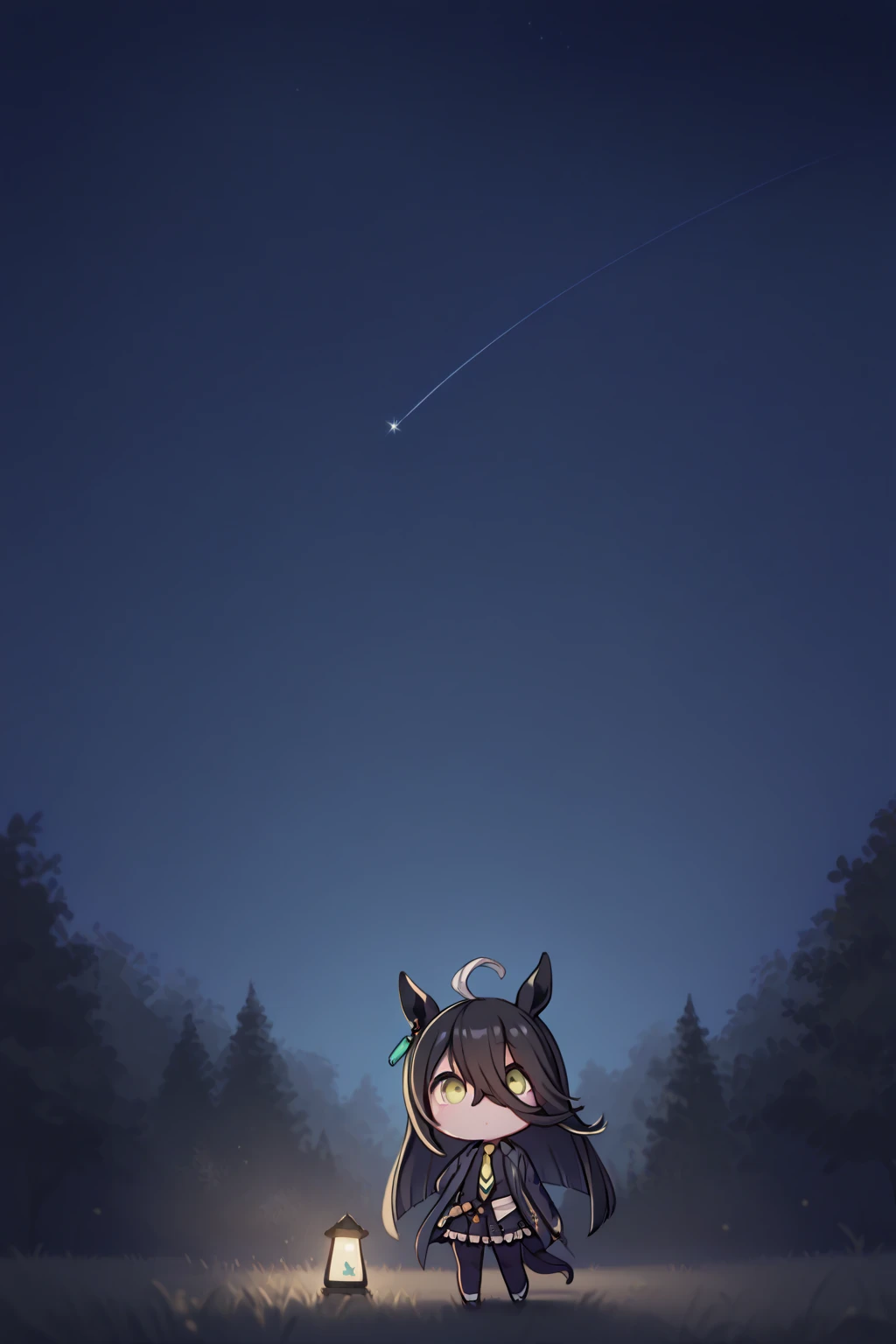 (  Highest Image Quality ),(  high resolution ),(  Uma Musume, Manhattan Cafe  ),(  black suit,Yellow tie, black miniskirt 、 black tights ),(  chibi ),( whole body ),((  stargazing 、night、 staring at the sky )),(Silence,quiet,Calmness)