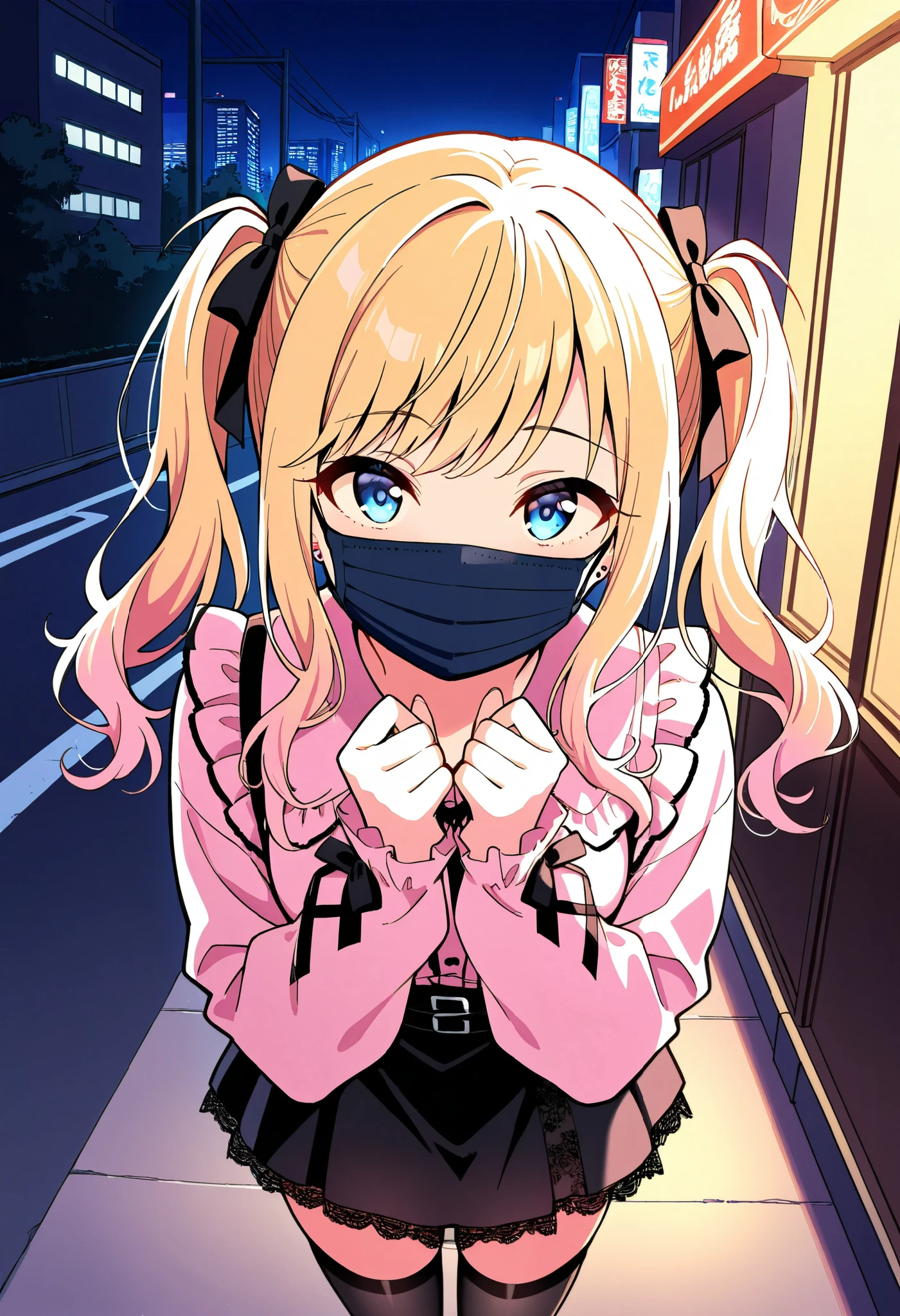 score_9, score_8_up, score_7_up, source_anime, idolyui, blonde hair, blue eyes, jirai kei, pink shirt, black skirt, twintail, black thighhighs, (best quality), (high quality), {masterpiece}, extremely delicate and beautiful, ultra-detailed, beautiful detailed eyes, shibuya, night, street, ((black surgical mask, covered nose)), standing