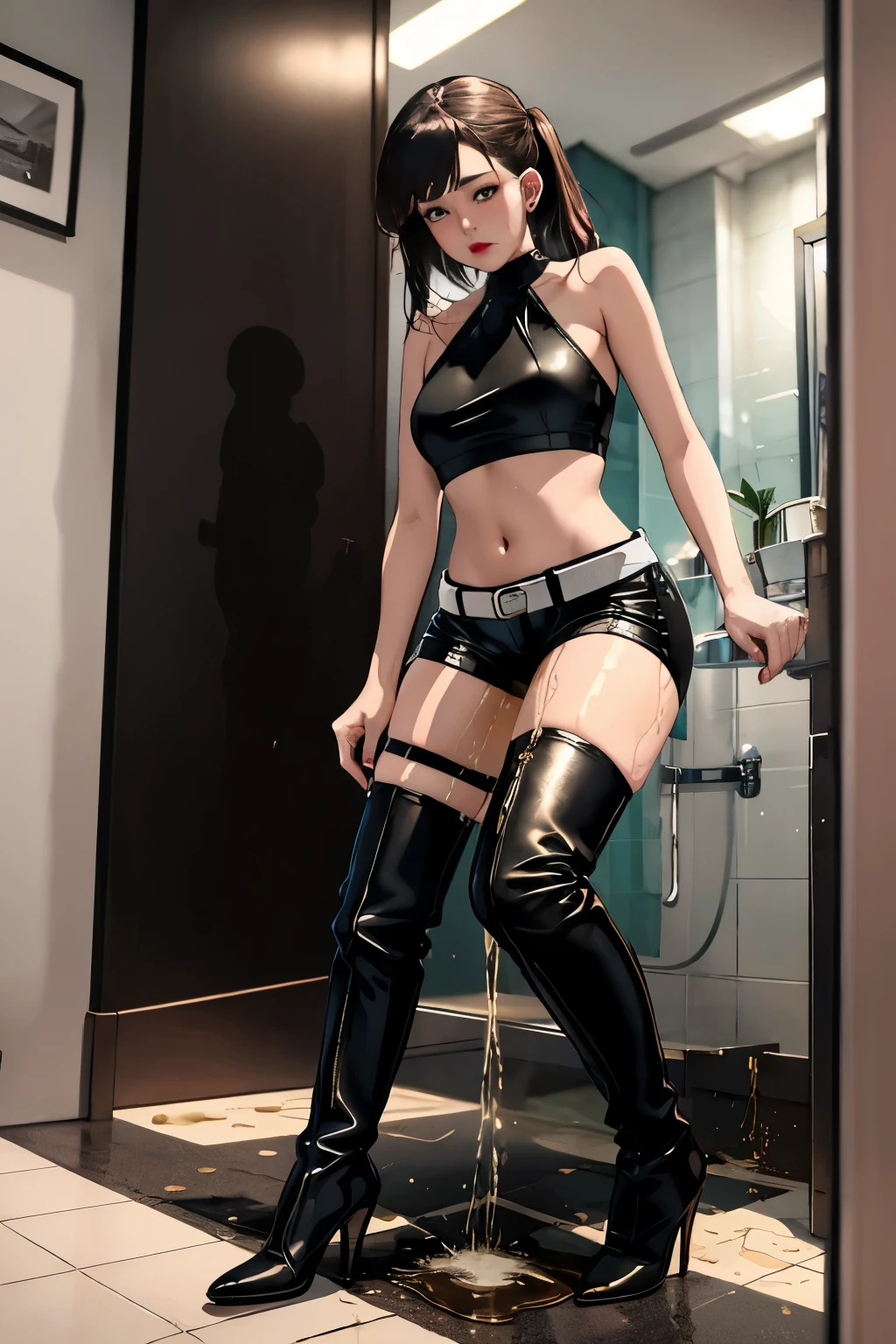 braided ponytails, ((short skirt)) (((Slutty skintight cybernetic Full AI skin and anatomy))), ((slutty braided hair)), ((She is in your bedroom, slutty )), Perfect back view of her tight butt, full body picture, she is a seductive slut, Perfect proportions, she has a perfect Ass... she wants to put your tiny shrunken body deep inside of her pussy, short hair with bangs and ponytails, beautiful horror, domination, death by pussy insertion, skinny sexy and slutty woman, she needs to have your tiny shrunken body deep inside of her pussy.... she wants you to choke inside of her pussy, she is the embodiment of sexual domination and lust, she is perfect, you are her prey, you are about to die inside of her pussy, small tight ass, giantess domination, human sex toy, helpless, she is a giantess and she wants to use your tiny shrunken body as a human dildo..., perfect anatomy, perfect arms and hands, better detail on her eyes... make her eyes look scary and beautiful, perfect sexy and slutty athletic body, perky nipples, wet, white cum, perfect tight butt, black hair, perfect legs and thighs, tight wet pussy, white dripping cum, ((Perfect eyes and face)), ((closed wet full lips)), ((perfect hands and fingers)), ((( a lot of white cum is dripping out of her pussy))), ((she has a very skinny and toned strong body)), ((makeup)), ((freckles)), ((perfect eyebrows)), ((sharper edges)), ((perfect scary grey eyes)), perfect face, slut, sadistic, predatory, better detail on her skin, perfect face and strong jawline, perfect full wet lips, sadistic atmosphere, wet sweaty skin, beautiful intimidating grey eyes, ((beautiful horror)), better lighting, more toned muscles, perfect detail on her intimidating eyes, very tight underwear, ((tight pussy)), (((tighter clothing))), slutty, intense, perfect detail, ((piercings)), better detail on her bellybutton, skinny, skinny and strong, more skin showing, intense, slutty, freckles, long skinny perfect legs, scary and intense, super slutty