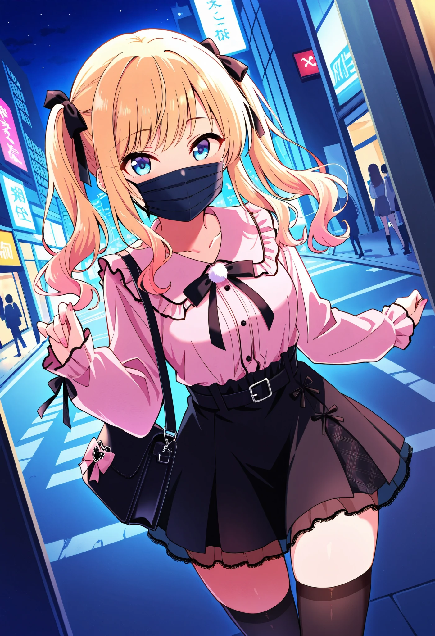 score_9, score_8_up, score_7_up, source_anime, idolyui, blonde hair, blue eyes, jirai kei, pink shirt, black skirt, twintail, black thighhighs, (best quality), (high quality), {masterpiece}, extremely delicate and beautiful, ultra-detailed, beautiful detailed eyes, shibuya, night, street, ((black surgical mask, covered nose)), standing