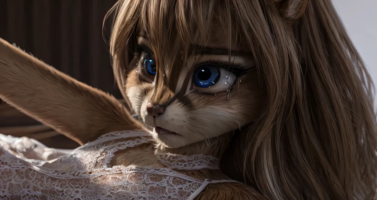 Jeanette_Miller, One, chipmunk, fluffy, , feminine,young ,fur detailing, 3d Model,slim body, sexy body , eyeliner, painted eyes, expressive first-person eyelashes,light erotica, Model, small round chest ,tail sticking out , fluffy, full white background (a little bit full:0.3), Cute, (small ears), (short muzzle), long slanting bangs , long hair with the back on a bun,Blue eyes , eyes closed , beautiful goaz , lace intimate pink dress , eyebrow up right,detailed fur, sadness, disappointment, expressive eyes, hurt look ,cries, Tears in the eyes, eyeliner, sorrel face, perfect bite , realistic mouth , lips realistic