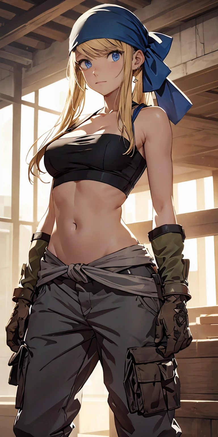 (masterpiece),( best quality), detailed background, dramatic lighting, 1girl, (abs:0.75), upper body, looking at viewer, black crop top, ((pubis, groin, crotch)), braid, (((pants pull))), freckles, blonde, wide hips, green durag, mechanic, workshop