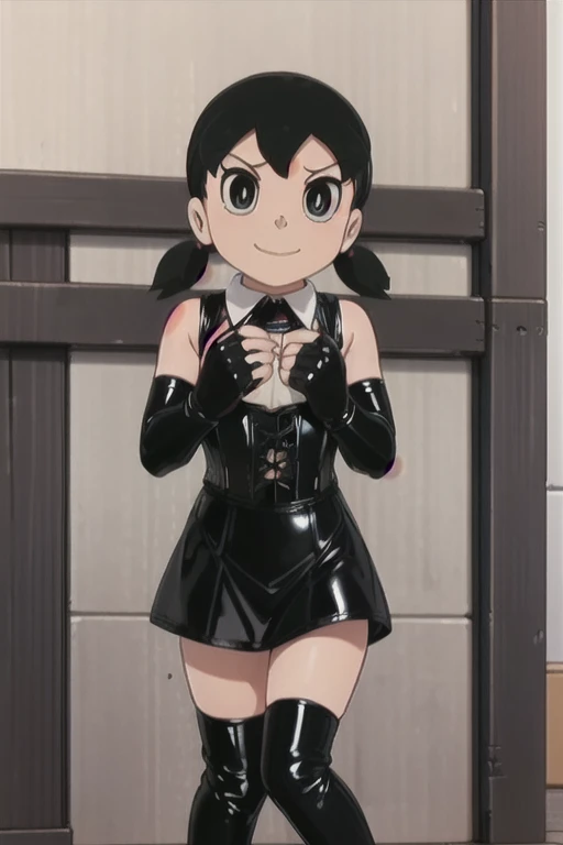 (((chibi:1.4)))、(((Lori:1.4)))、(((Child body type:1.4)))、(((low length:1.4)))、(((3 heads:1.4)))、BDSM、Queen、mistress、One girl、solo、(((blackいラテックスの指先まで覆われたロンググローブ)))、(((blackいラテックスのコルセットドレス:1.4)))、(((The corset dress is decorated with beautiful lace.)))、(((corset dress with shoulder straps)))、(((blackいラテックスのタイトなミニスカート:1.4)))、(((blackいサイハイブーツ)))、Stiletto heels、(((blackいラテックスのパンティー)))、(((blackいラテックスのブラジャー)))、(((blackいレザーの首輪)))、(((Sexy pose)))、Wide-open legs、(((Erotic)))、(((Cowboy Shot)))、highest quality, masterpiece, High resolution, alone, {becky_blackbell_Spy X Family:1.15}, hair_ornament, Twin tails, Scrunchie, black_hair, Brown_eye, , short_Twin tails, hair_Scrunchie, Brown_hair, hairclip, One girl,Wicked Smile、冷たいeye線、blush:1.2