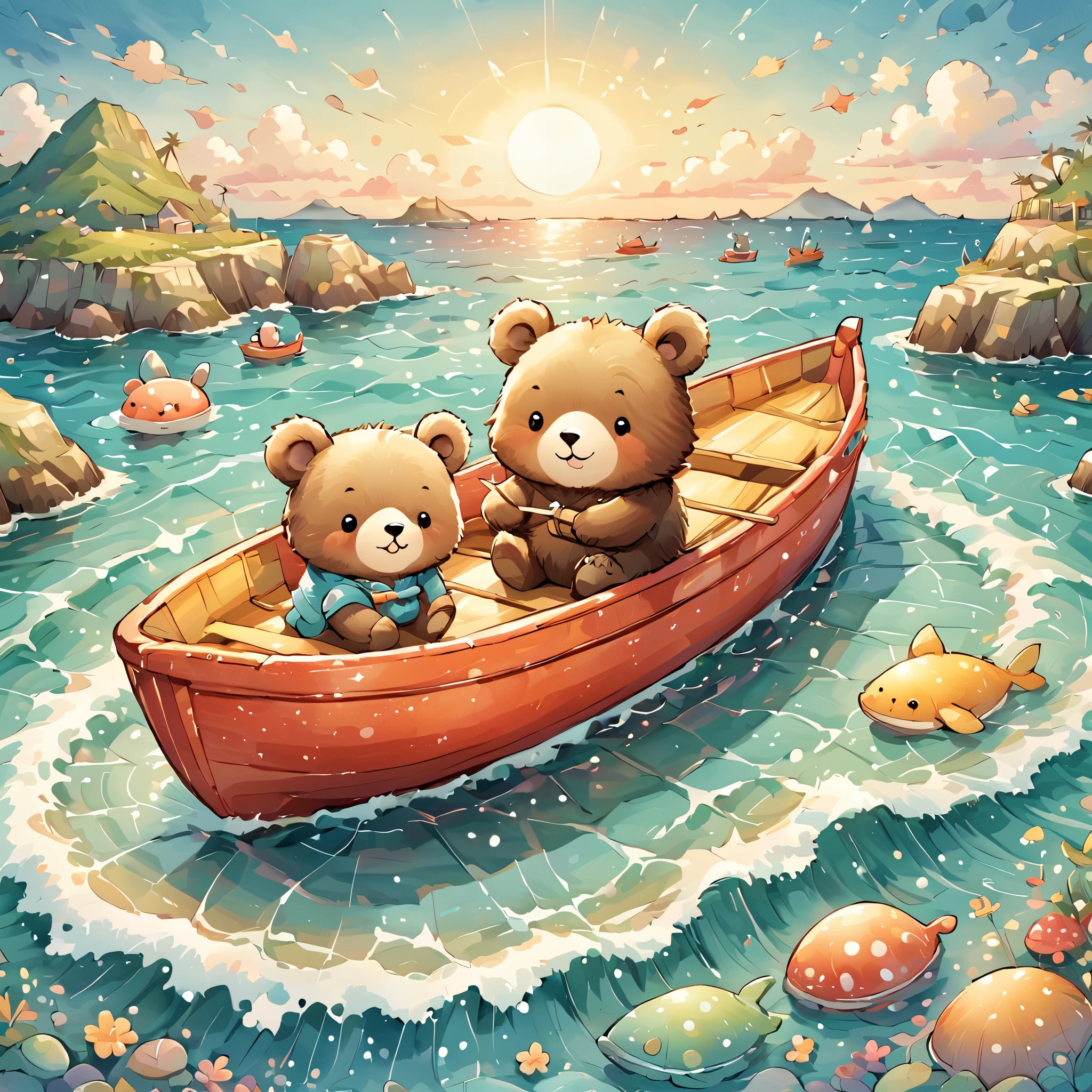 かわいいクマの illustration, embark on a journey aboard a {x} boat, (( paddling out into the ocean , The horizon is round )), Cute Animals' Journey, seems happy, Smiling and excited, Chibi Chara, illustration, watercolor, Colorful, Draw with thick lines, pale shade,