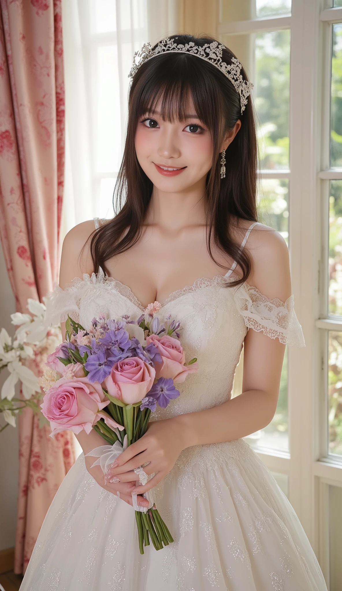 ((masterpiece)), (( best quality :1.4)), ( more details:1,4) , movie lights, A woman of astonishing beauty 、Captivating beauty、gorgeous full lace dress、((( perfect and realistic pantyhose:1.2)))、((( shiny pantyhose :1.3))), thick, beautiful legs 、 is holding out a gorgeous bouquet of flowers for the celebration 、 Blessing Smile 、Full of joy、Congratulations、 (( full body shot))、