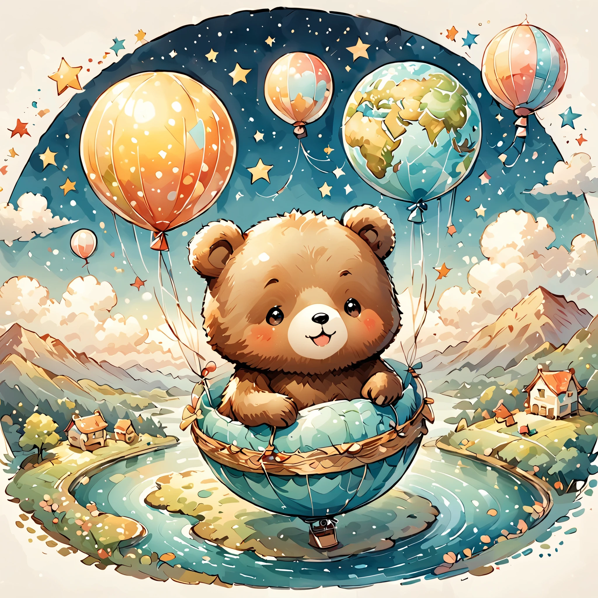 かわいいクマの illustration, Illustration of a cute bear riding a balloon on a journey , ((Earth overlooking from a balloon, Round horizon)), Cute Animals' Journey,  seems happy, Smiling and excited,  Chibi Chara,  illustration,  watercolor, Colorful, Draw with thick lines,  pale shade,