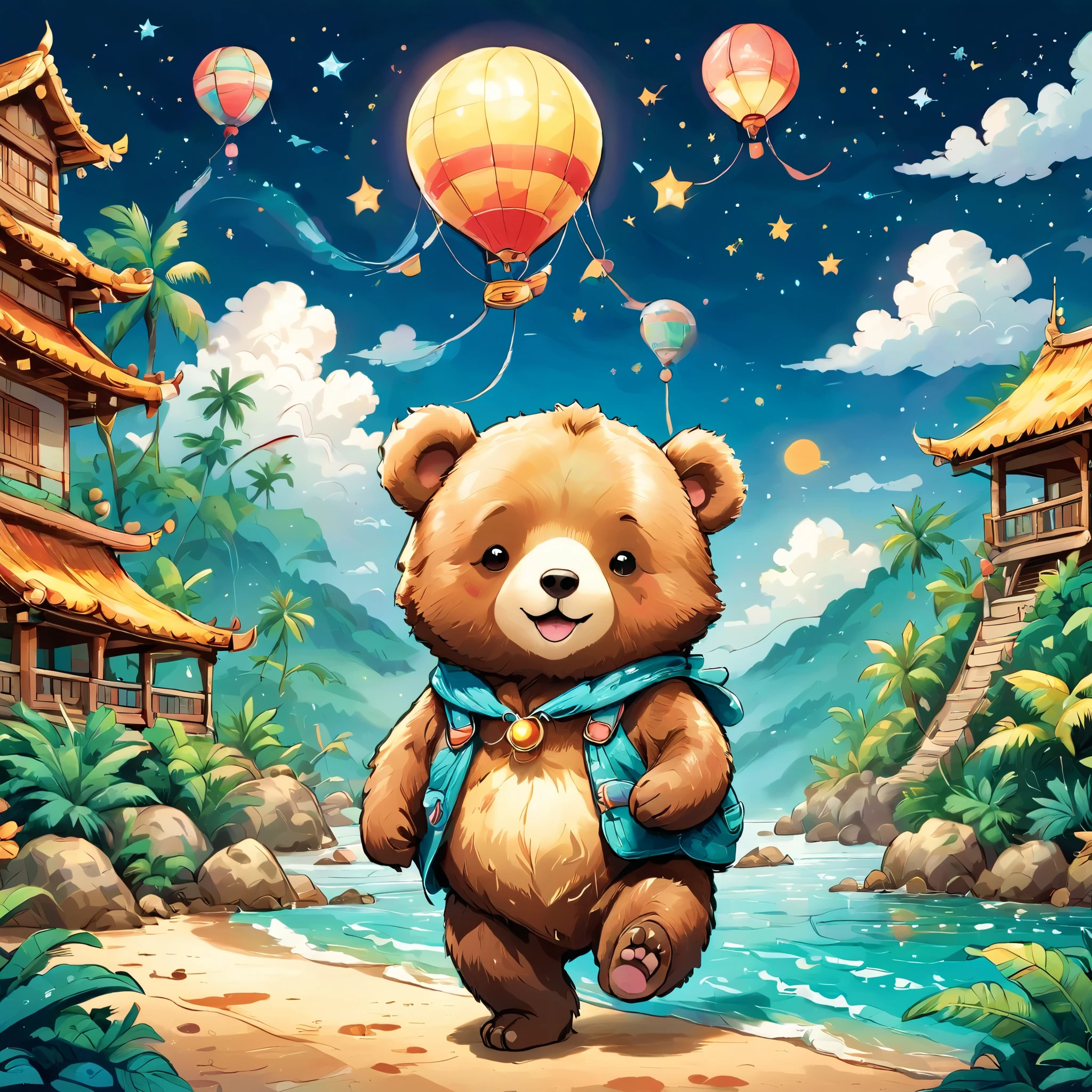 かわいいクマの illustration, Illustration of a cute bear riding a balloon on a journey , Cute Animals' Journey, seems happy, Smiling and excited, Chibi Chara, illustration, watercolor, Colorful, Draw with thick lines, pale shade,