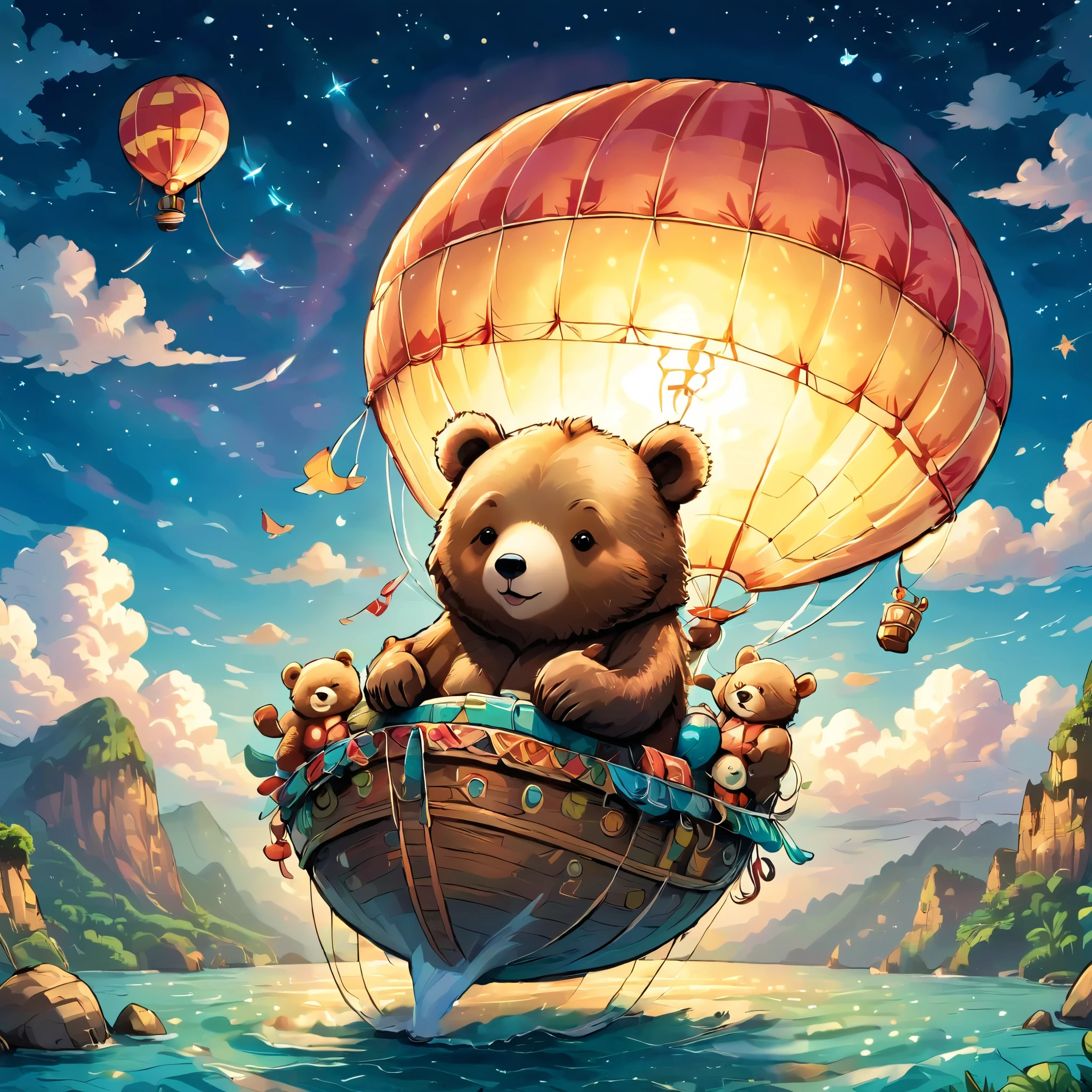 かわいいクマの illustration, Illustration of a cute bear riding a balloon on a journey , ((Earth overlooking from a balloon, Round horizon)), Cute Animals' Journey, seems happy, Smiling and excited, Chibi Chara, illustration, watercolor, Colorful, Draw with thick lines, pale shade,