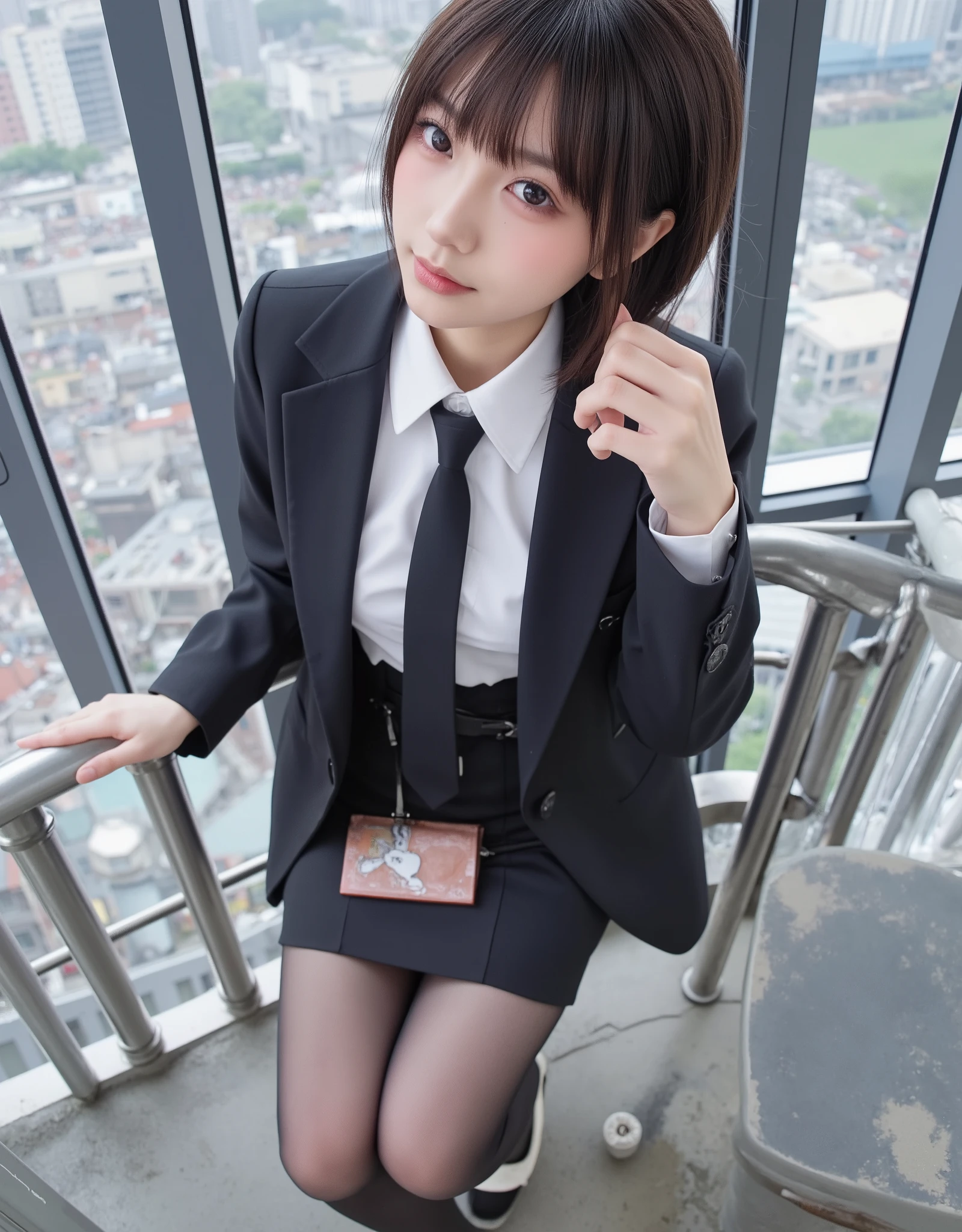 Masterpiece, Bokeh, ( beautiful faces), ( detailed face), (perfect hand), ( Japanese Idol:1.6), ( business suit:1.3), ( super realistic pantyhose:1.3), (Sit on top of a tower :1.3),( High rise apartment balcony:1.3), (Blushed:1.3),  high heels, (from below:1.8),  beautiful mature woman、