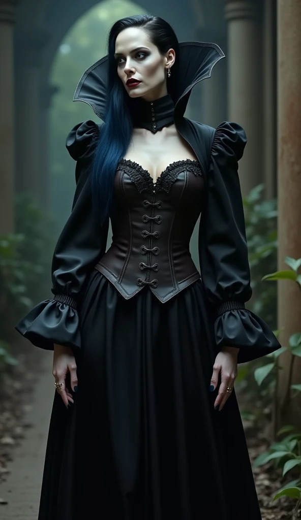 A beautiful redheaded Asian young girl, intricate gothic black 1860's dress and corset with silver chains, extremely long, smooth, extremely silky hair, one braid, very large breasts, many silver chains, moon light, dark gothic makeup, dramatic lighting, rich colors, extremely detailed, 1890s clothes, magical fantasy atmosphere, concept art, panorama, high resolution, detailed face with beautiful eyes and lips, photorealistic, fantasy, dark academia, 1890, dramatic lighting, rich colors, red hair, intricate details, dark girl, long very very very silky hair, lengerie elegant elf dress, very big tits, dense forest, no sunlight, detailed face and eyes,(best quality,4k,8k,highres,masterpiece:1.2),ultra-detailed, 1890 clothes (realistic,photorealistic,photo-realistic:1.37),magical fantasy atmosphere,fantasy,concept art